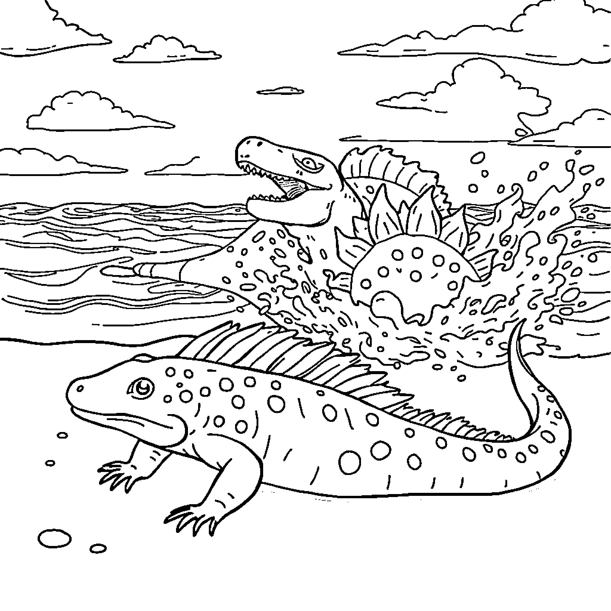 Axolotls playing in the waves Coloring Page (free black-and-white line drawing printable PDF for all, from beginners to advanced learners, including children, teens, adults, and seniors)