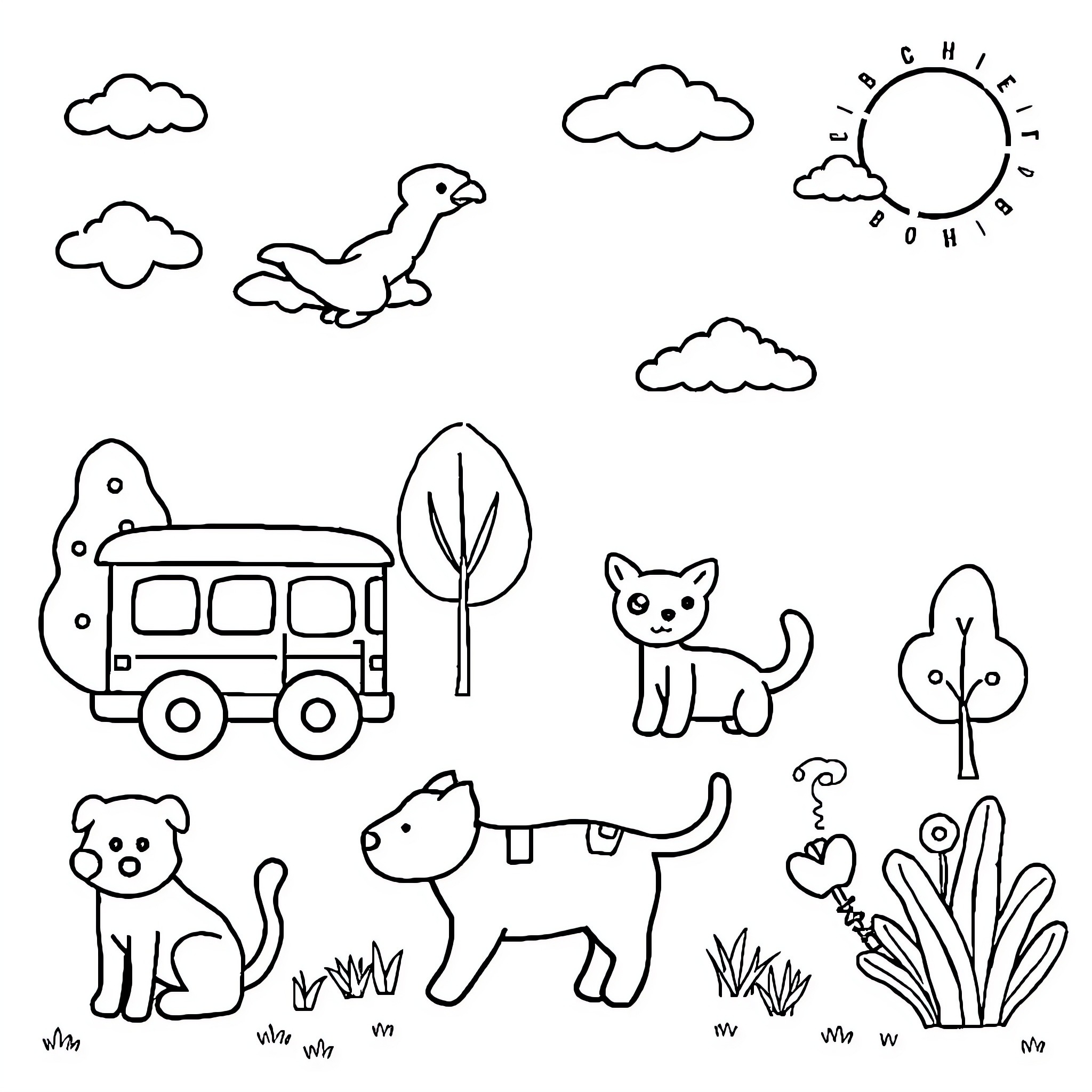 Animal characters in peaceful countryside scene Coloring Page (free black-and-white line drawing printable PDF for all, from beginners to advanced learners, including children, teens, adults, and seniors)