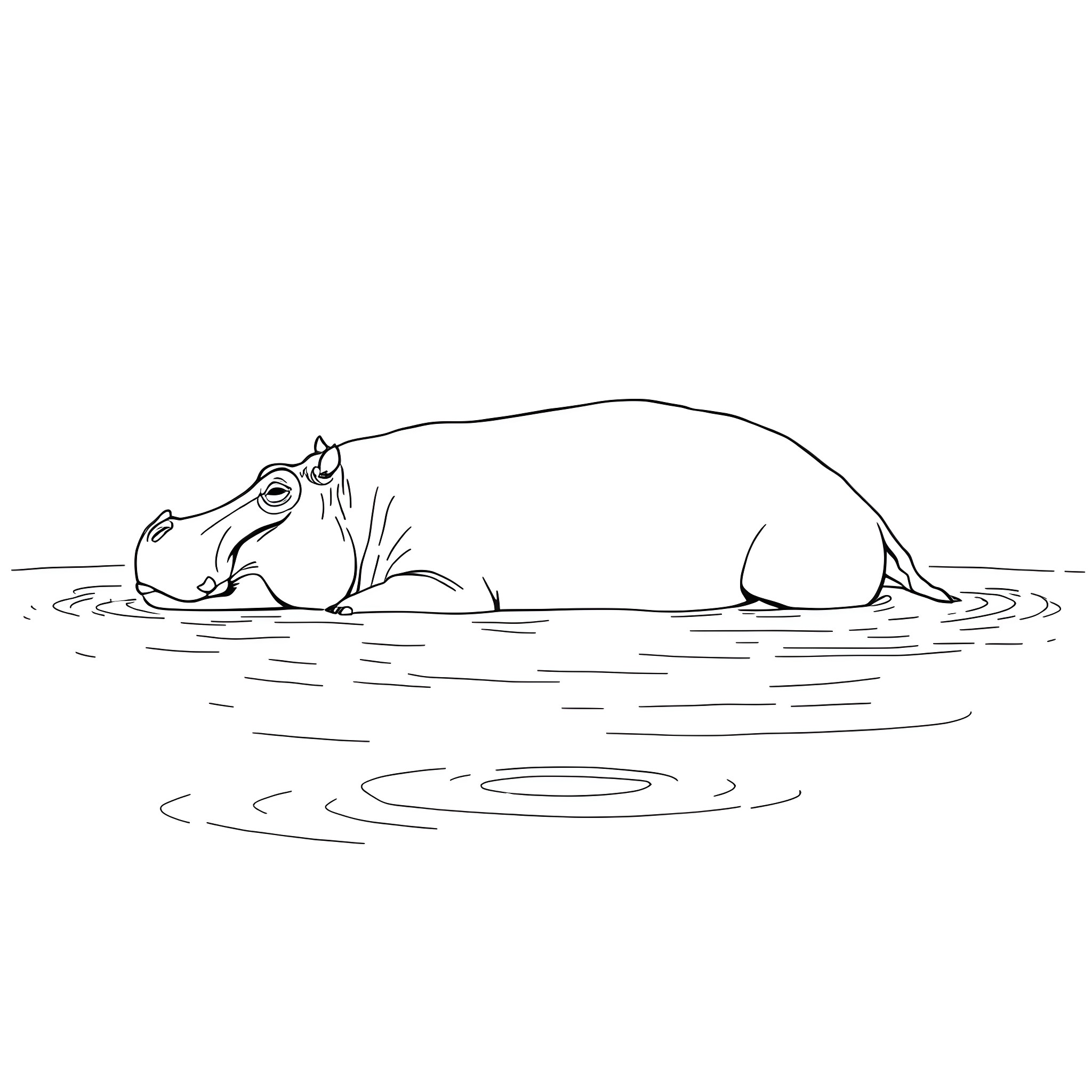Hippopotamus resting in the water Coloring Page (free black-and-white line drawing printable PDF for all, from beginners to advanced learners, including children, teens, adults, and seniors)