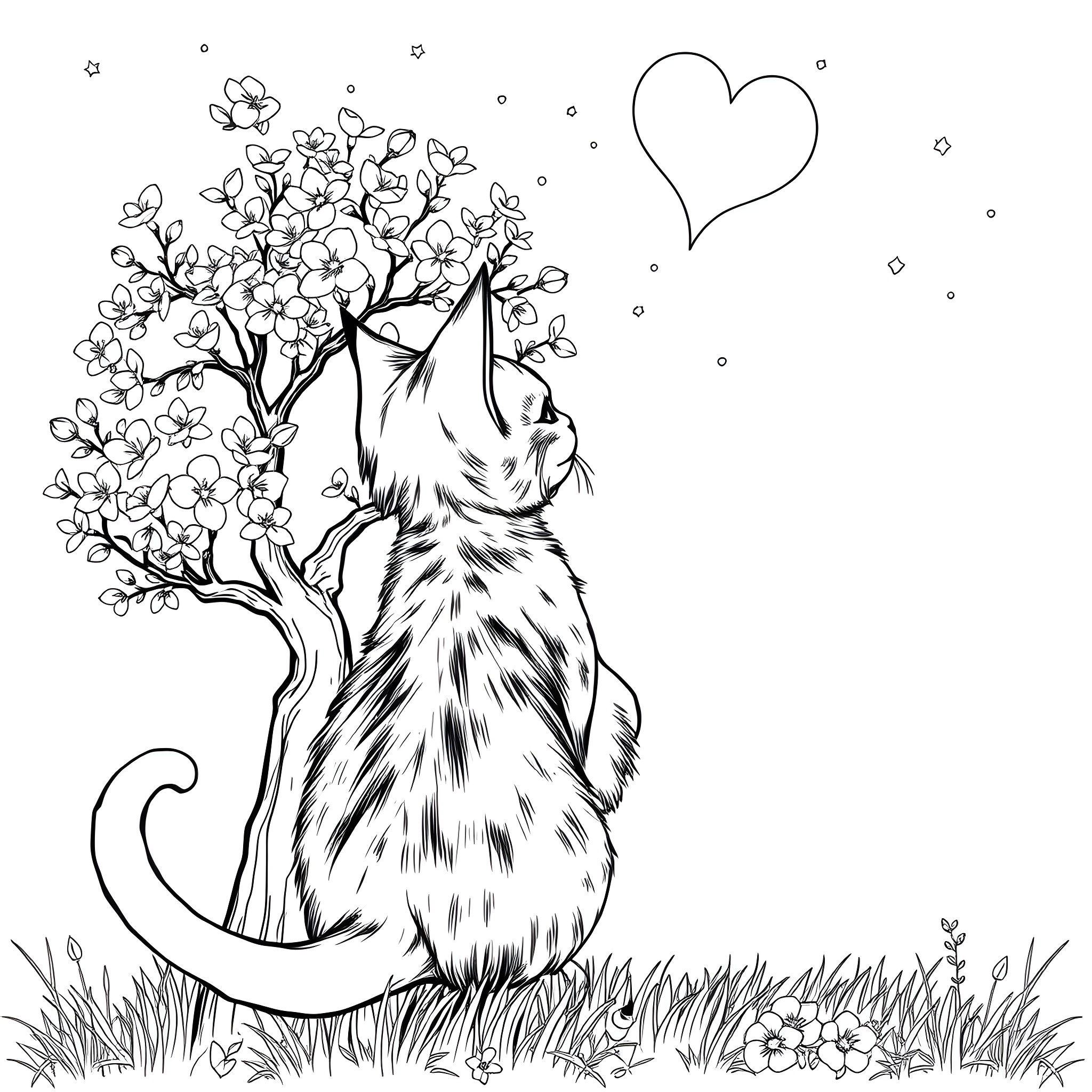Cat Girl Enjoying Flowers and Heart Shapes Coloring Page (free black-and-white line drawing printable PDF for all, from beginners to advanced learners, including children, teens, adults, and seniors)