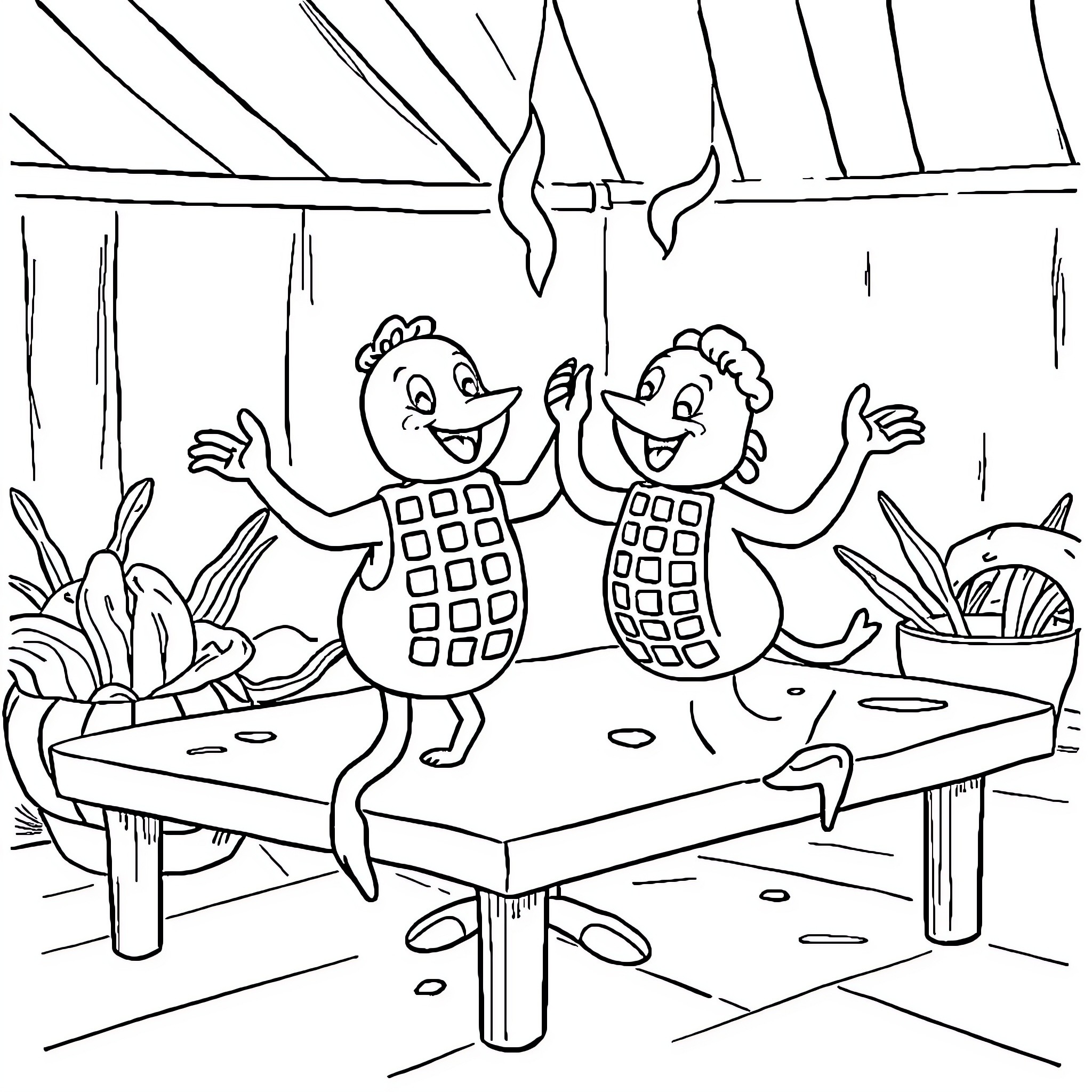 Waffle-shaped friends having a delightful dance Coloring Page (free black-and-white line drawing printable PDF for all, from beginners to advanced learners, including children, teens, adults, and seniors)