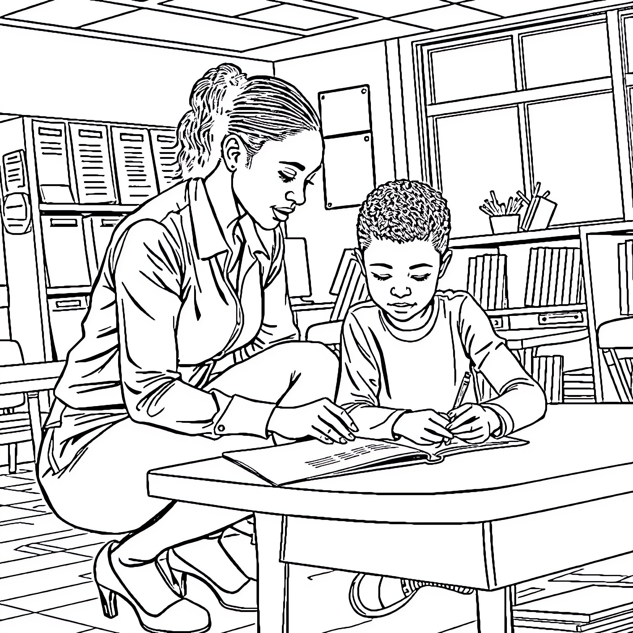 Teacher Helping Student Learn in Classroom Coloring Page (free black-and-white line drawing printable PDF for all, from beginners to advanced learners, including children, teens, adults, and seniors)