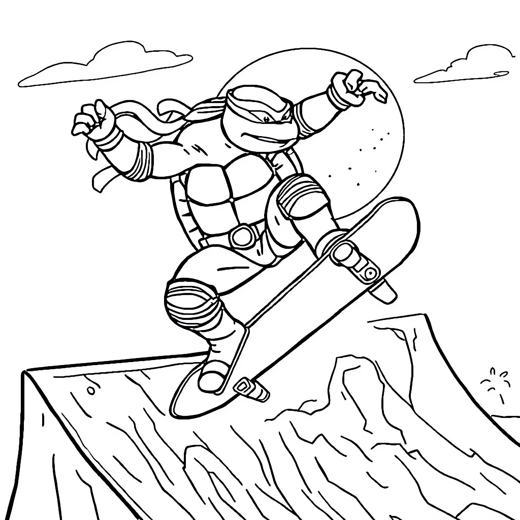 Teenage Mutant Ninja Turtle snowboarding down mountain Coloring Page (free black-and-white line drawing printable PDF for all, from beginners to advanced learners, including children, teens, adults, and seniors)