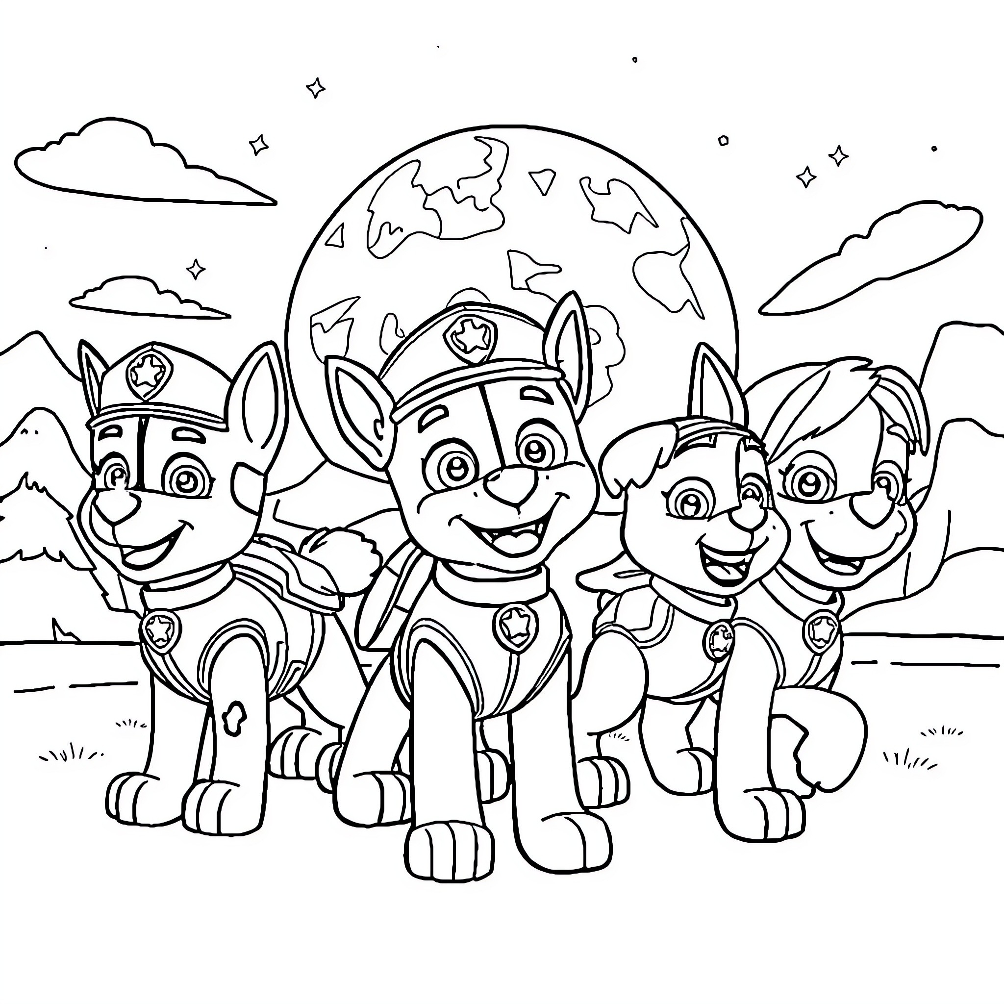 Paw Patrol Puppies Exploring the World Coloring Page (free black-and-white line drawing printable PDF for all, from beginners to advanced learners, including children, teens, adults, and seniors)