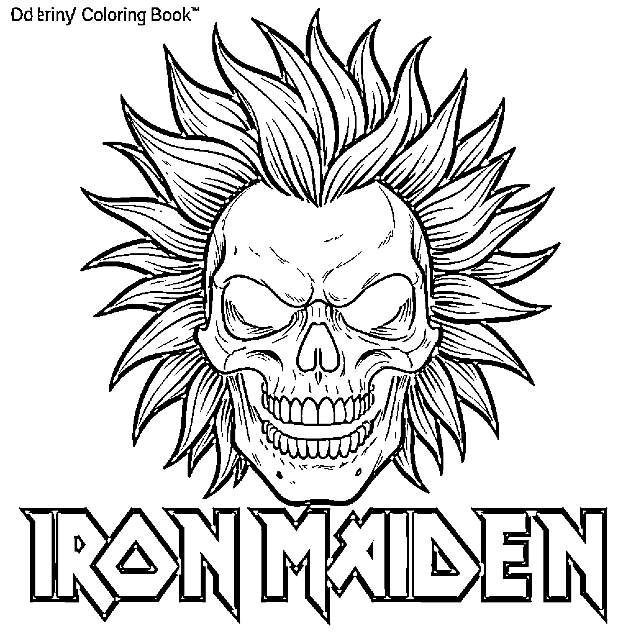 Eddie's Spooky Skull with Fiery Mohawk Coloring Page (free black-and-white line drawing printable PDF for all, from beginners to advanced learners, including children, teens, adults, and seniors)