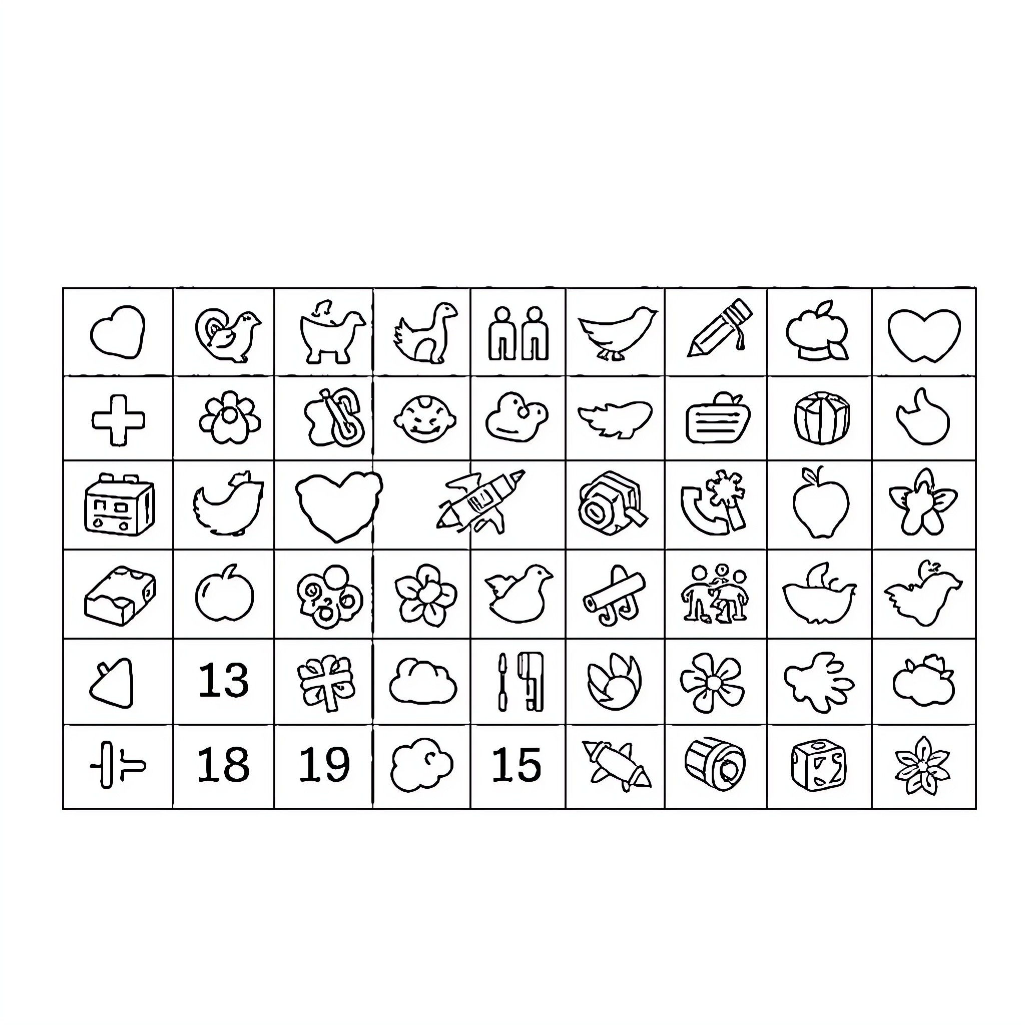 Periodic Table of Diverse Symbols and Icons Coloring Page (free black-and-white line drawing printable PDF for all, from beginners to advanced learners, including children, teens, adults, and seniors)