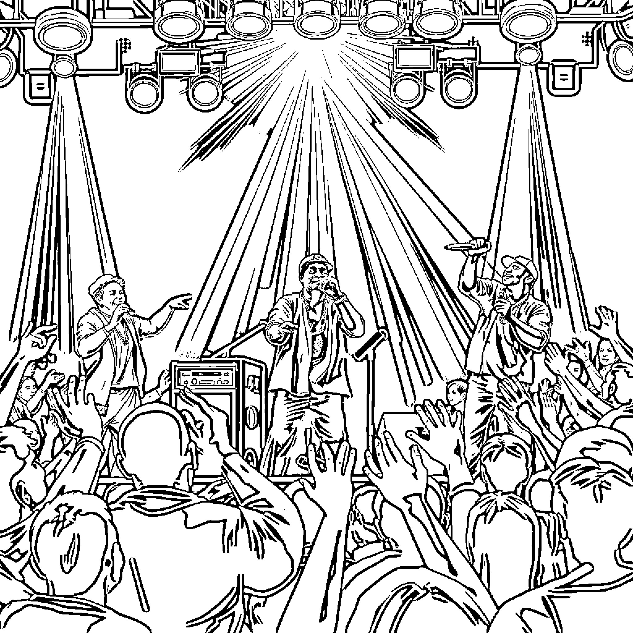 Tribe Called Quest celebrating with vibrant energy Coloring Page (free black-and-white line drawing printable PDF for all, from beginners to advanced learners, including children, teens, adults, and seniors)