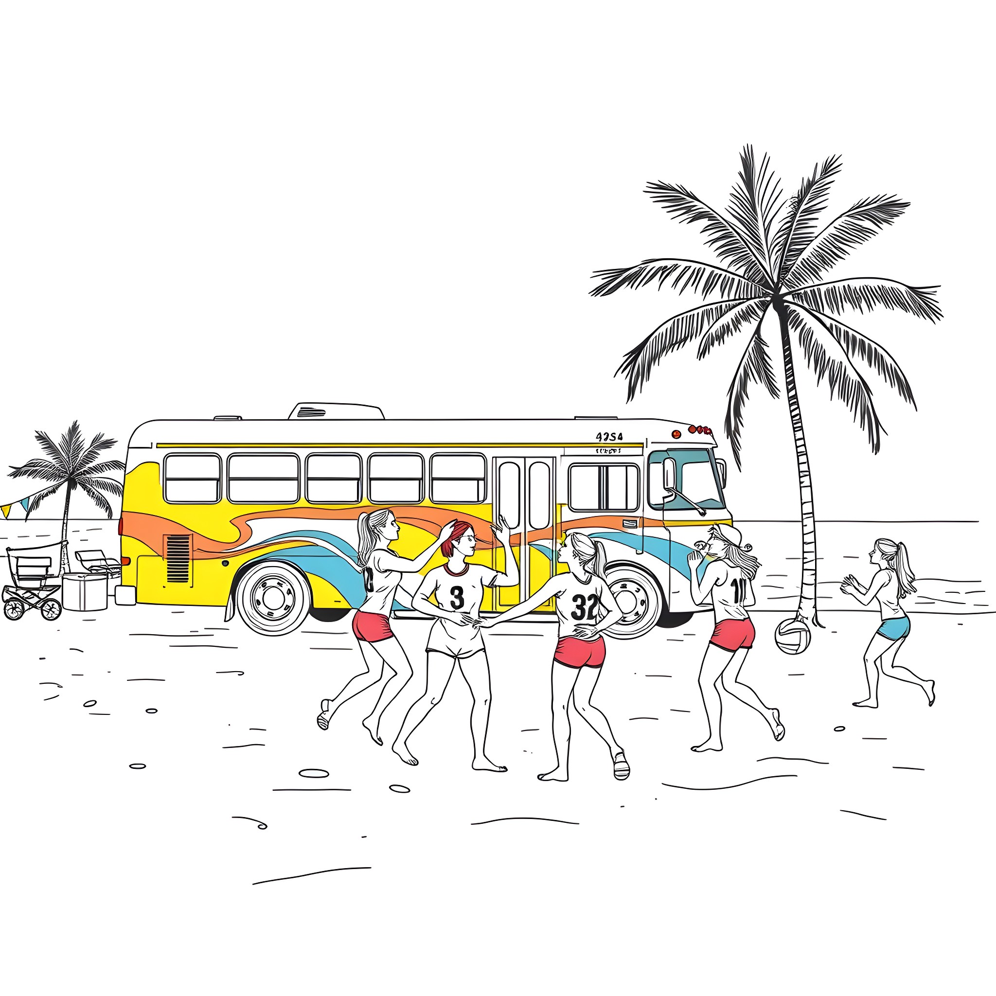 Bus on the Beach with Beachgoers Coloring Page (free black-and-white line drawing printable PDF for all, from beginners to advanced learners, including children, teens, adults, and seniors)