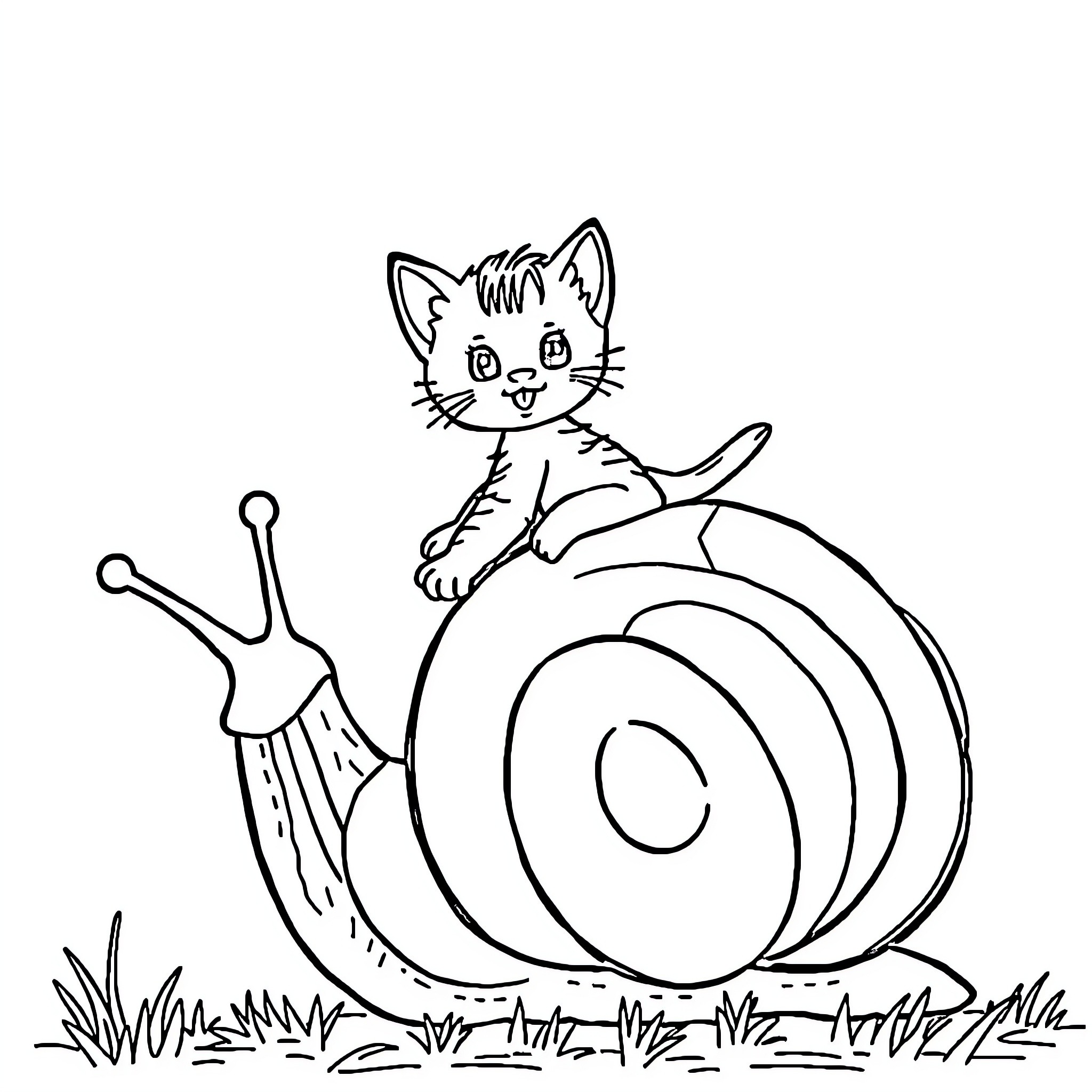 Kitten riding a snail in the grass Coloring Page (free black-and-white line drawing printable PDF for all, from beginners to advanced learners, including children, teens, adults, and seniors)