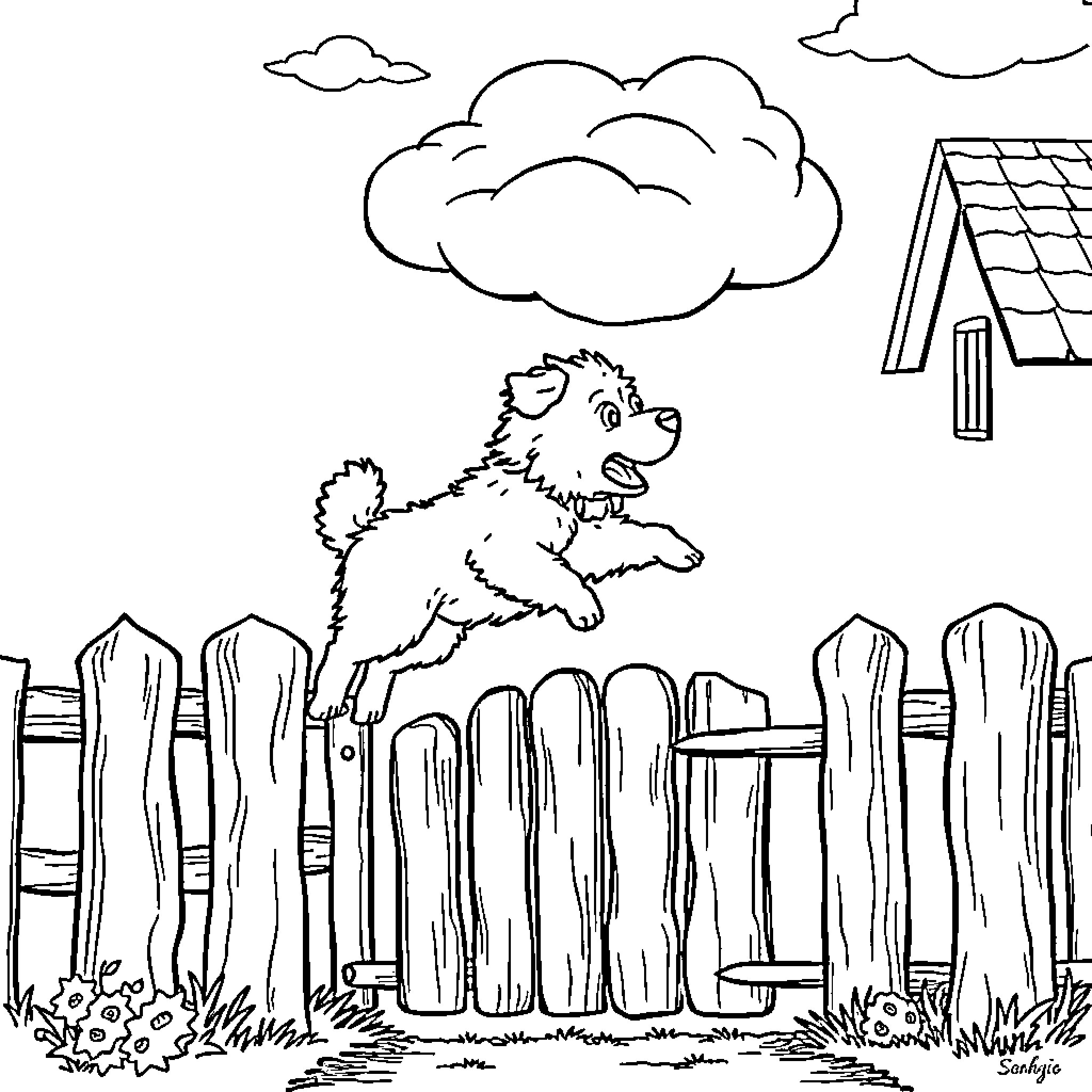 Dog jumping over fence in backyard Coloring Page (free black-and-white line drawing printable PDF for all, from beginners to advanced learners, including children, teens, adults, and seniors)