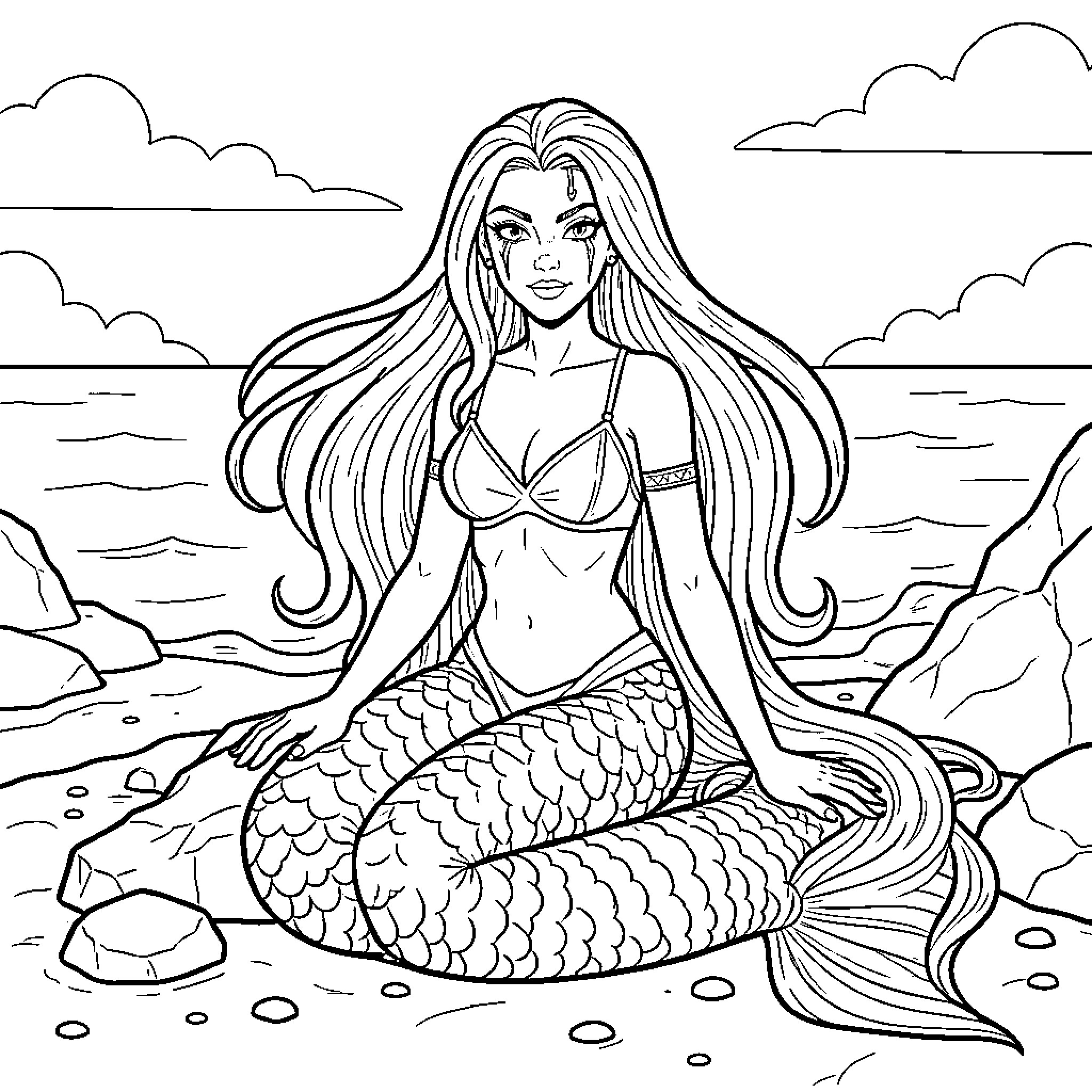 Evil Mermaid Unleashes Wrath by the Treacherous Seas Coloring Page (free black-and-white line drawing printable PDF for all, from beginners to advanced learners, including children, teens, adults, and seniors)