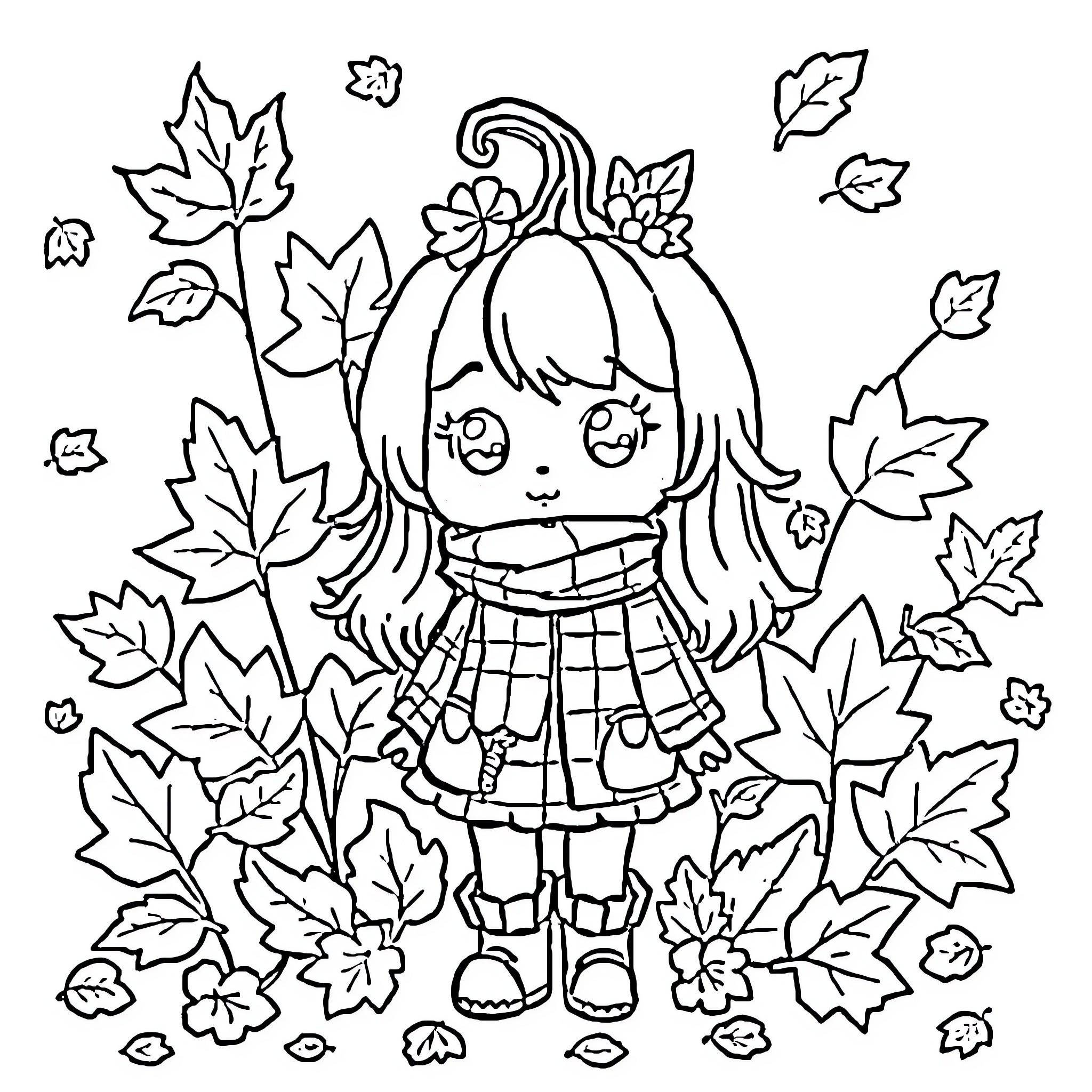 Pumpkin Girl Surrounded by Autumn Leaves Coloring Page (free black-and-white line drawing printable PDF for all, from beginners to advanced learners, including children, teens, adults, and seniors)