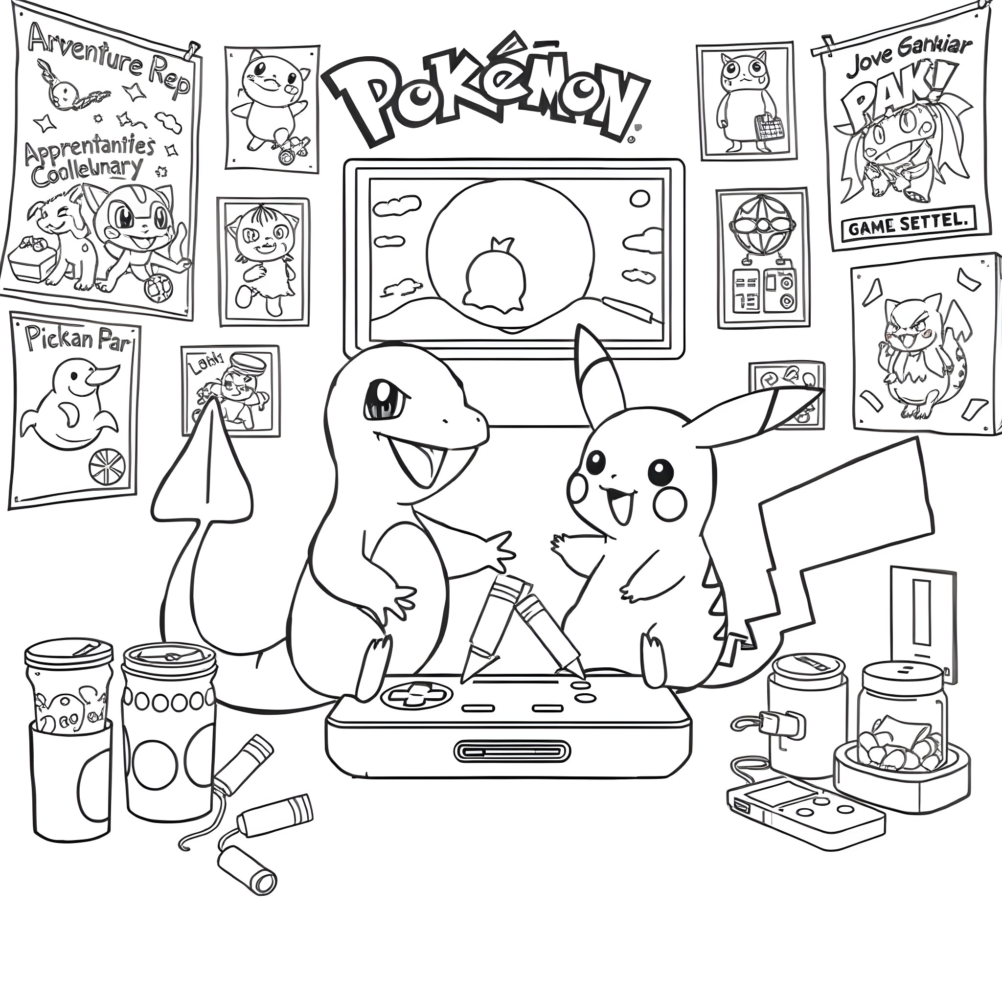 Charmander and Pikachu playing with Pokemon video game Coloring Page (free black-and-white line drawing printable PDF for all, from beginners to advanced learners, including children, teens, adults, and seniors)