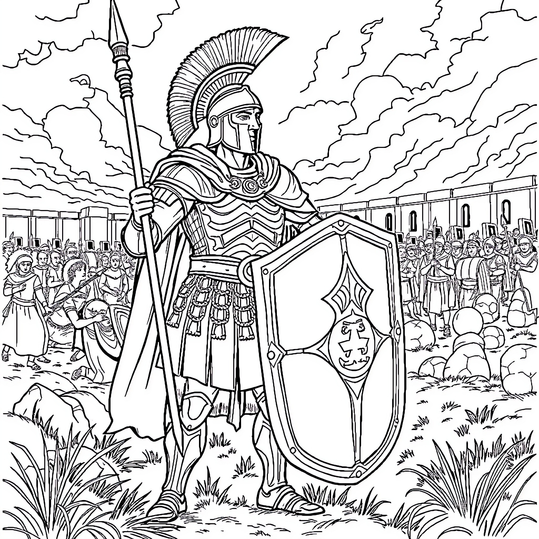 Roman Soldier Leading Armored Troops in Battle Coloring Page (free black-and-white line drawing printable PDF for all, from beginners to advanced learners, including children, teens, adults, and seniors)