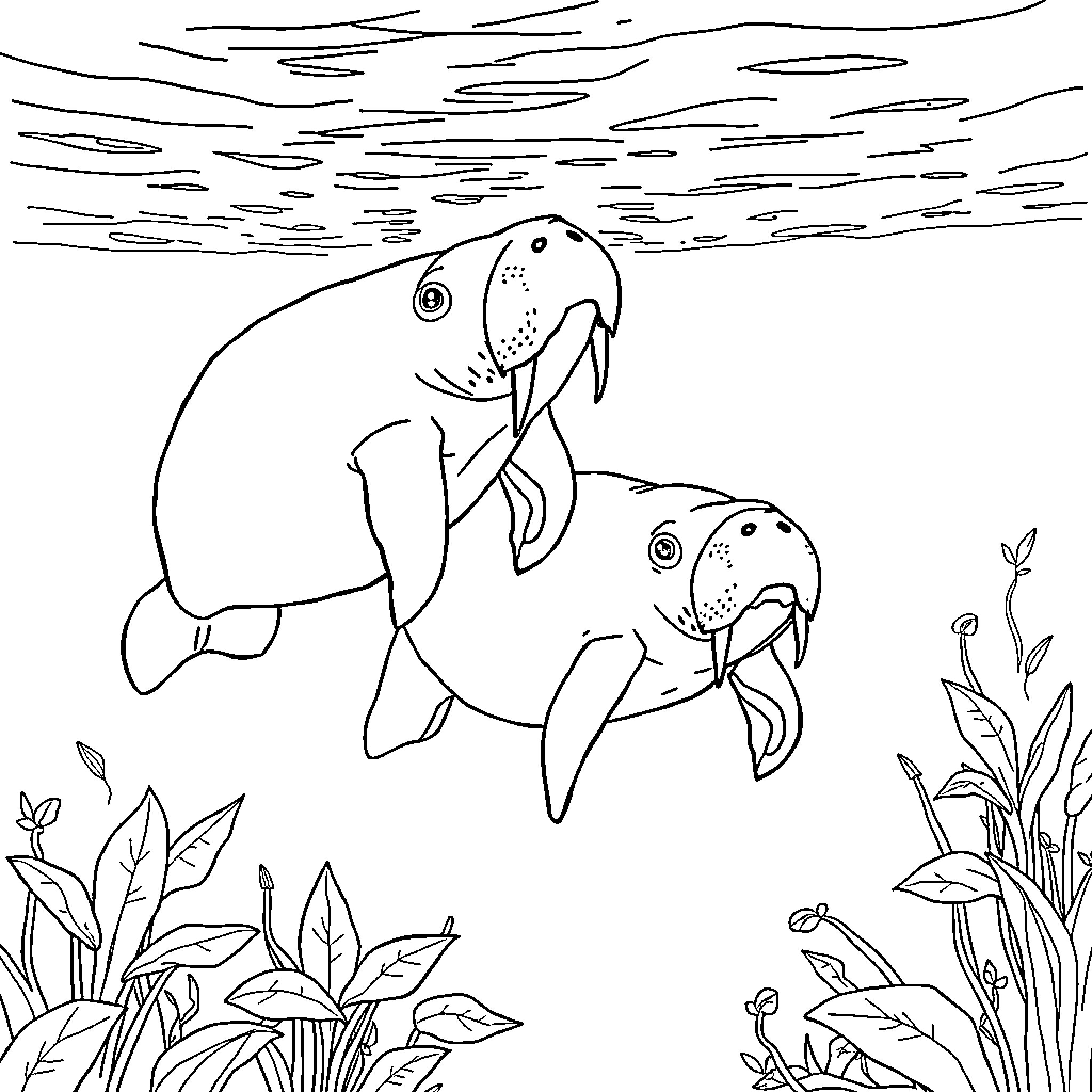 Manatees swimming among the underwater plants Coloring Page (free black-and-white line drawing printable PDF for all, from beginners to advanced learners, including children, teens, adults, and seniors)
