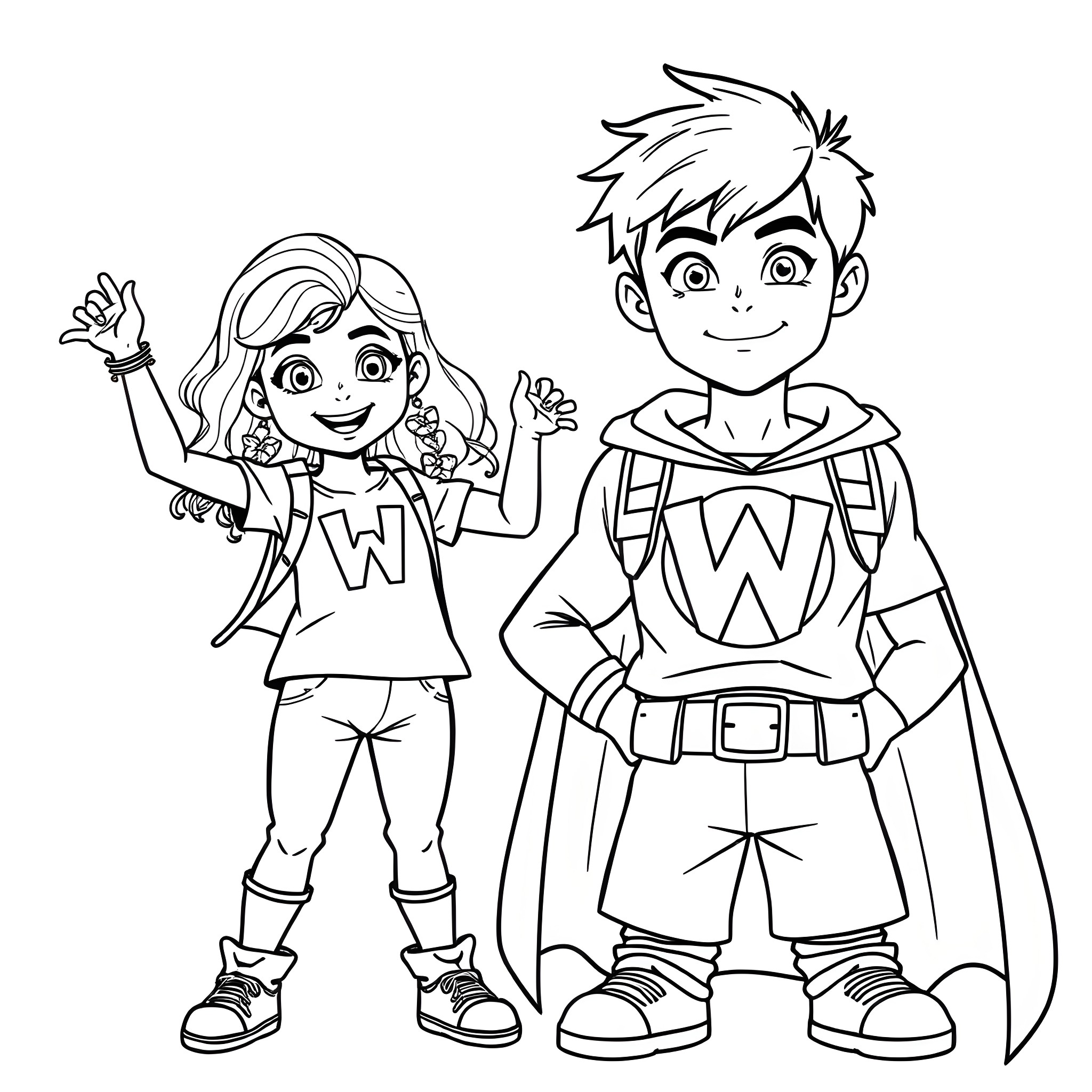 Superhero Kids in Costume and Poses Coloring Page (free black-and-white line drawing printable PDF for all, from beginners to advanced learners, including children, teens, adults, and seniors)