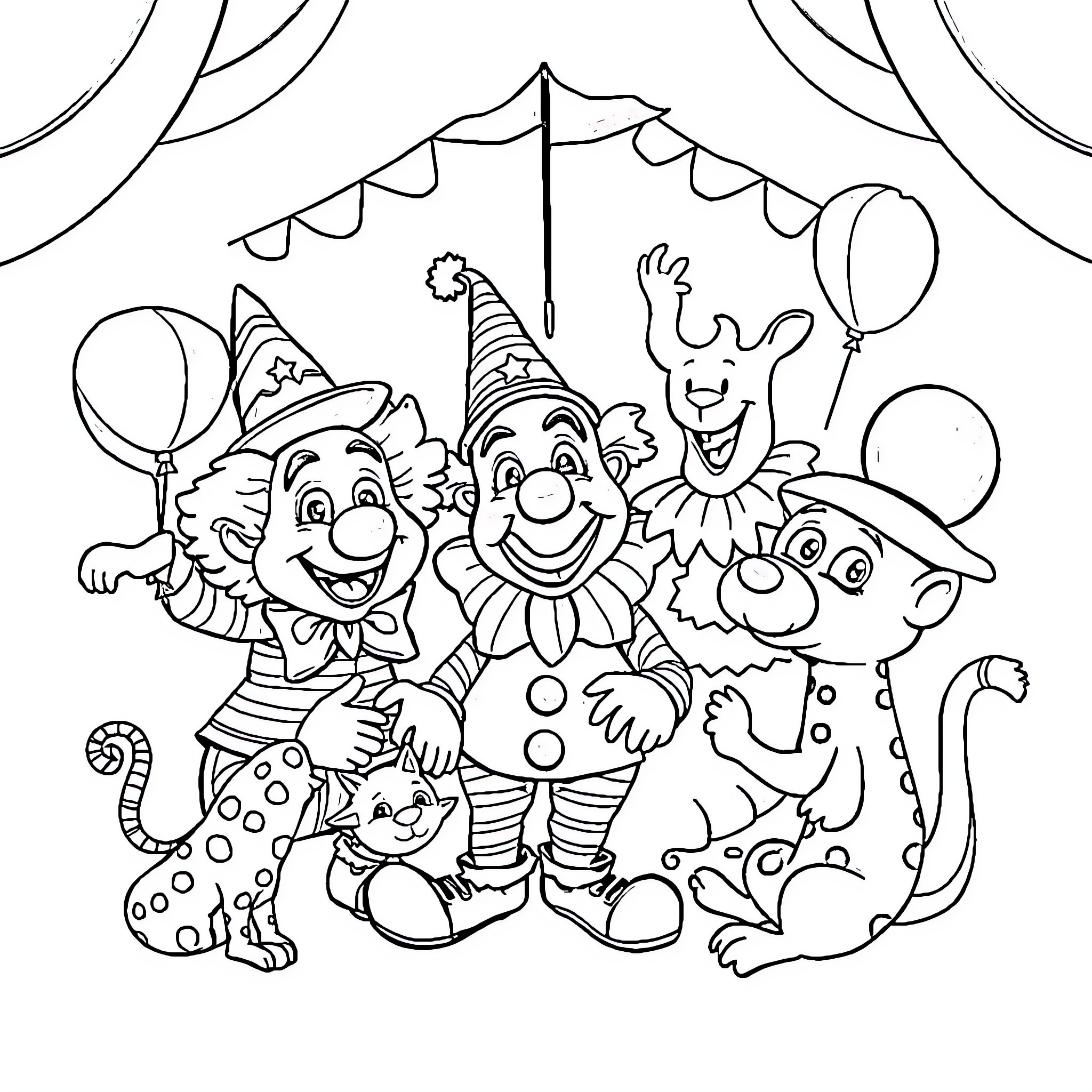 Circus performers with amusing costumes and expressions Coloring Page (free black-and-white line drawing printable PDF for all, from beginners to advanced learners, including children, teens, adults, and seniors)
