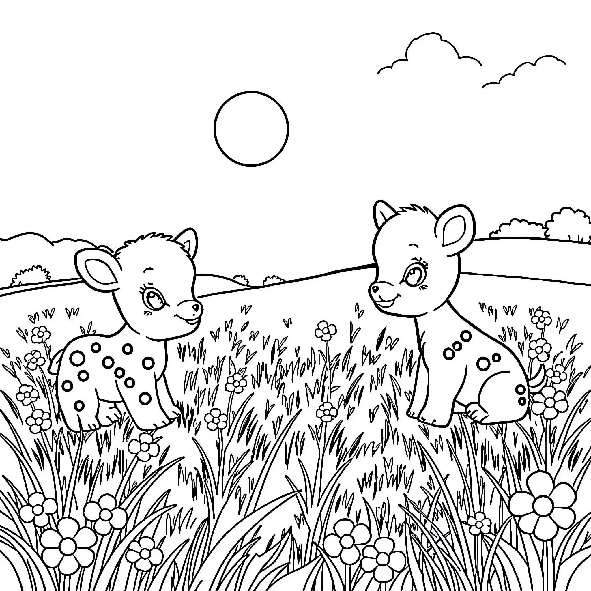 Baby Animals Playing in a Grassy Field Coloring Page (free black-and-white line drawing printable PDF for all, from beginners to advanced learners, including children, teens, adults, and seniors)