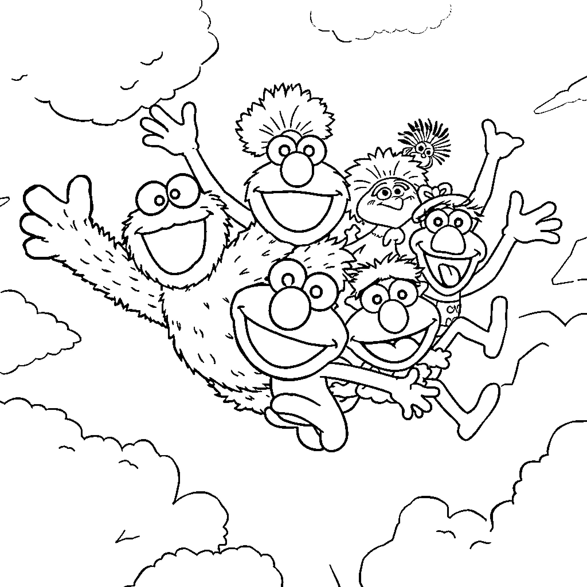 Sesame Street Characters Playing Happily in the Sky Coloring Page (free black-and-white line drawing printable PDF for all, from beginners to advanced learners, including children, teens, adults, and seniors)