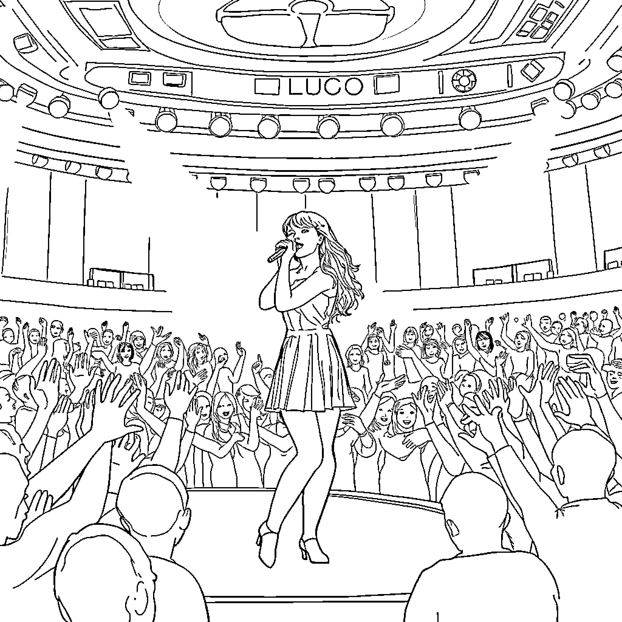 Taylor Swift Performing on Stage with Adoring Fans Coloring Page (free black-and-white line drawing printable PDF for all, from beginners to advanced learners, including children, teens, adults, and seniors)