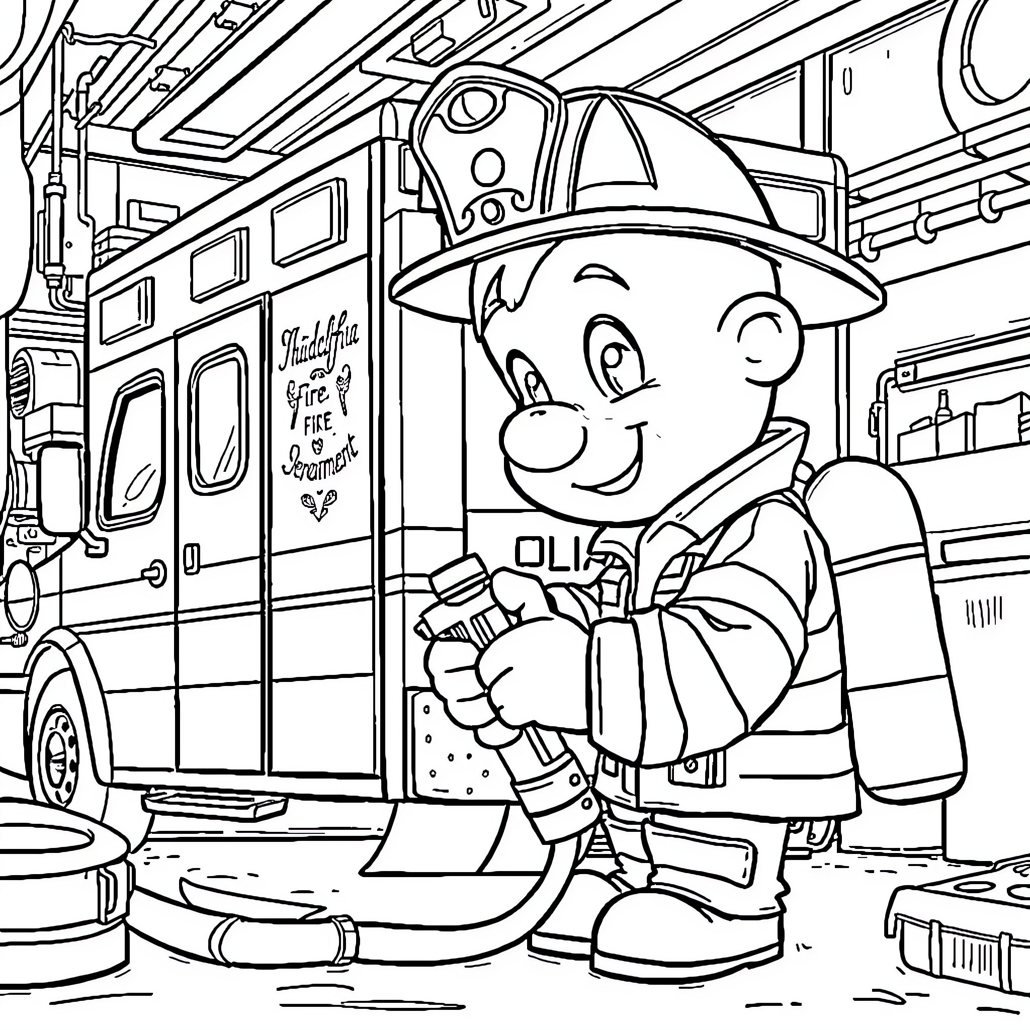 Bluey explores the firefighter's truck with excitement Coloring Page (free black-and-white line drawing printable PDF for all, from beginners to advanced learners, including children, teens, adults, and seniors)