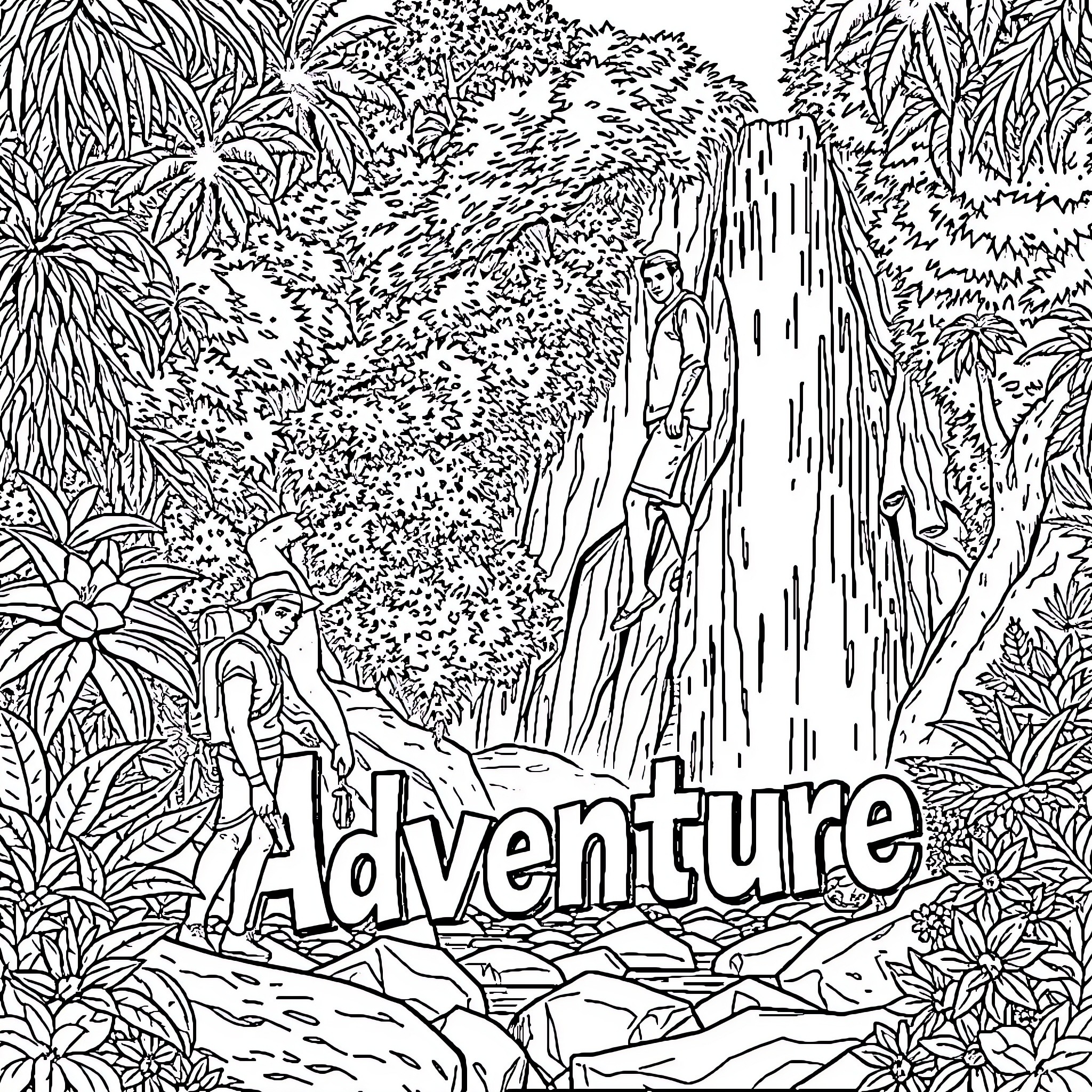 Adventurer exploring the lush tropical jungle Coloring Page (free black-and-white line drawing printable PDF for all, from beginners to advanced learners, including children, teens, adults, and seniors)