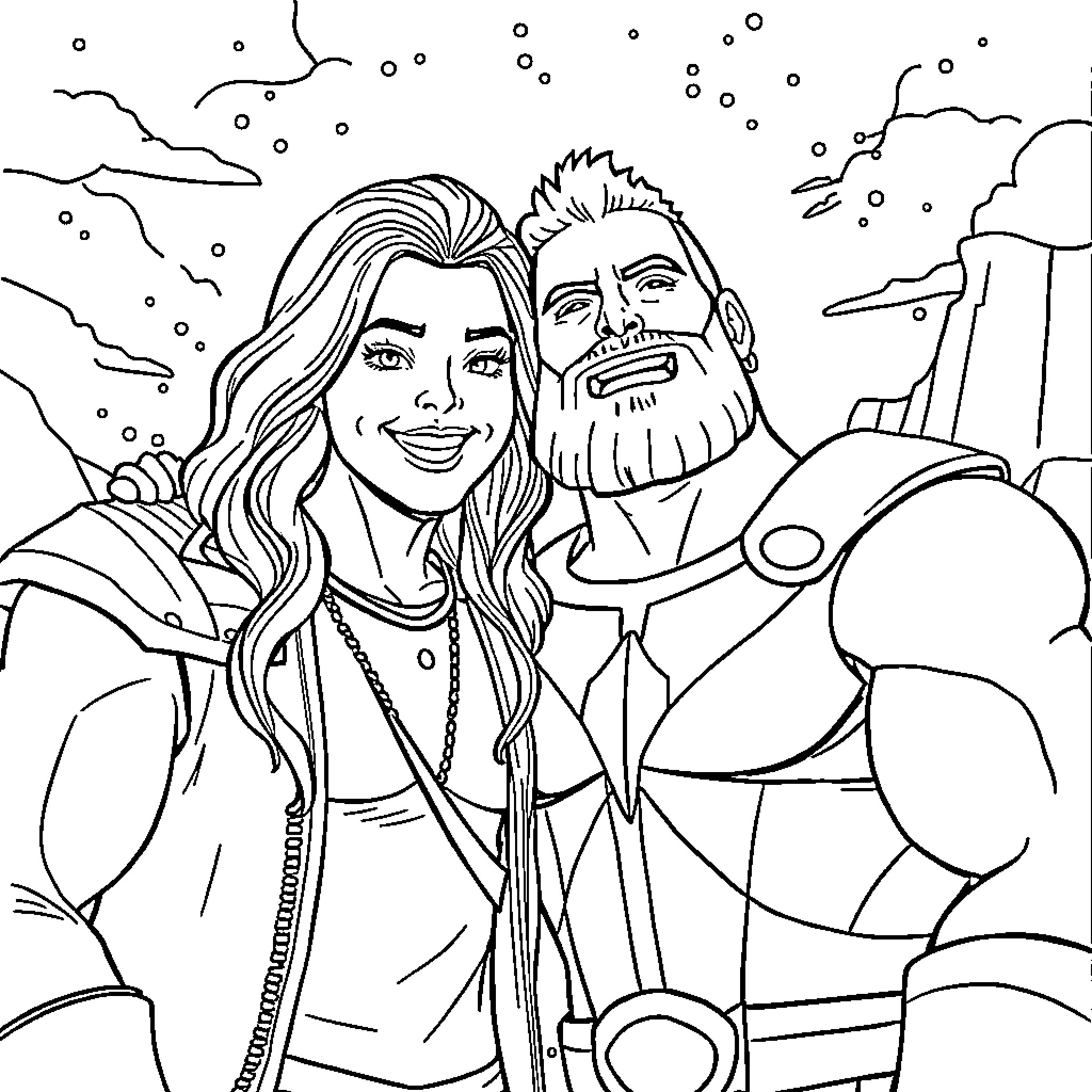 All For One: Heroic Duo's Unwavering Camaraderie Coloring Page (free black-and-white line drawing printable PDF for all, from beginners to advanced learners, including children, teens, adults, and seniors)