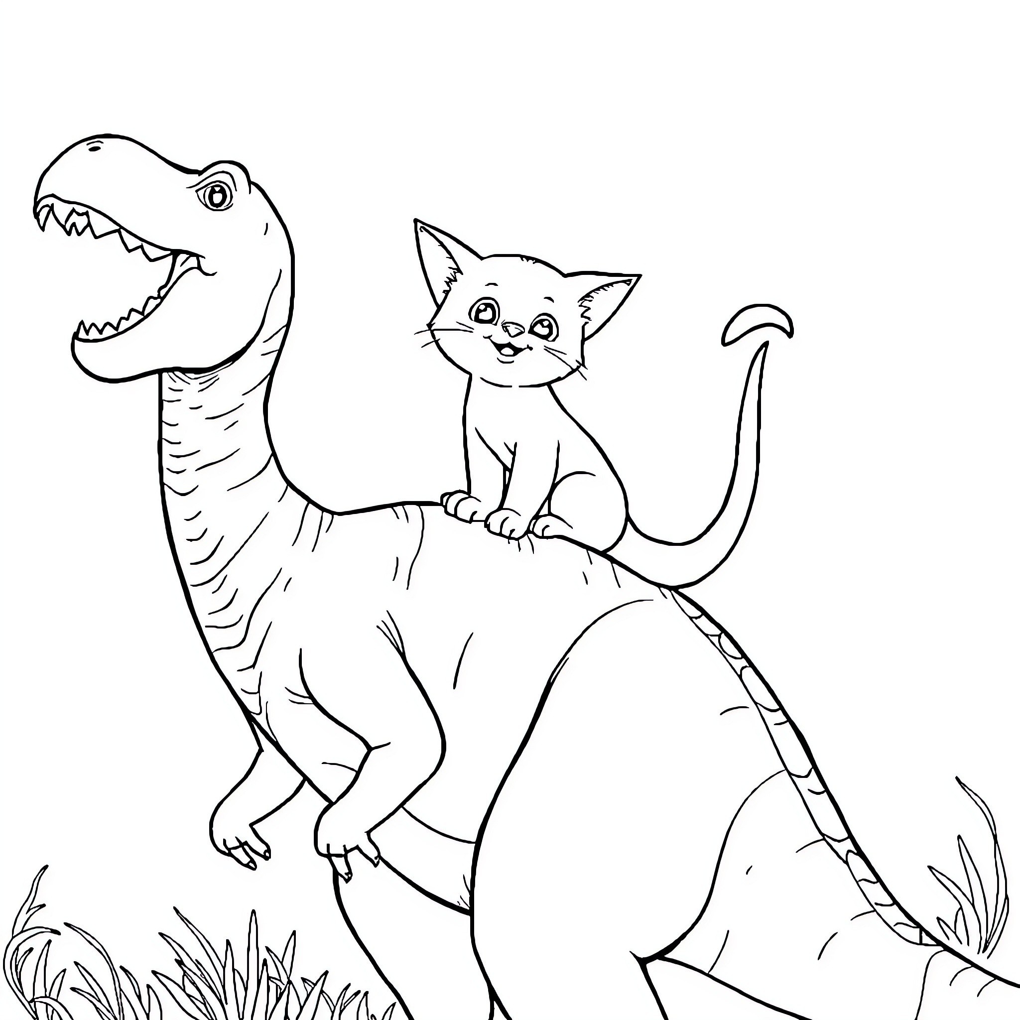 Cat riding on the back of a dinosaur Coloring Page (free black-and-white line drawing printable PDF for all, from beginners to advanced learners, including children, teens, adults, and seniors)