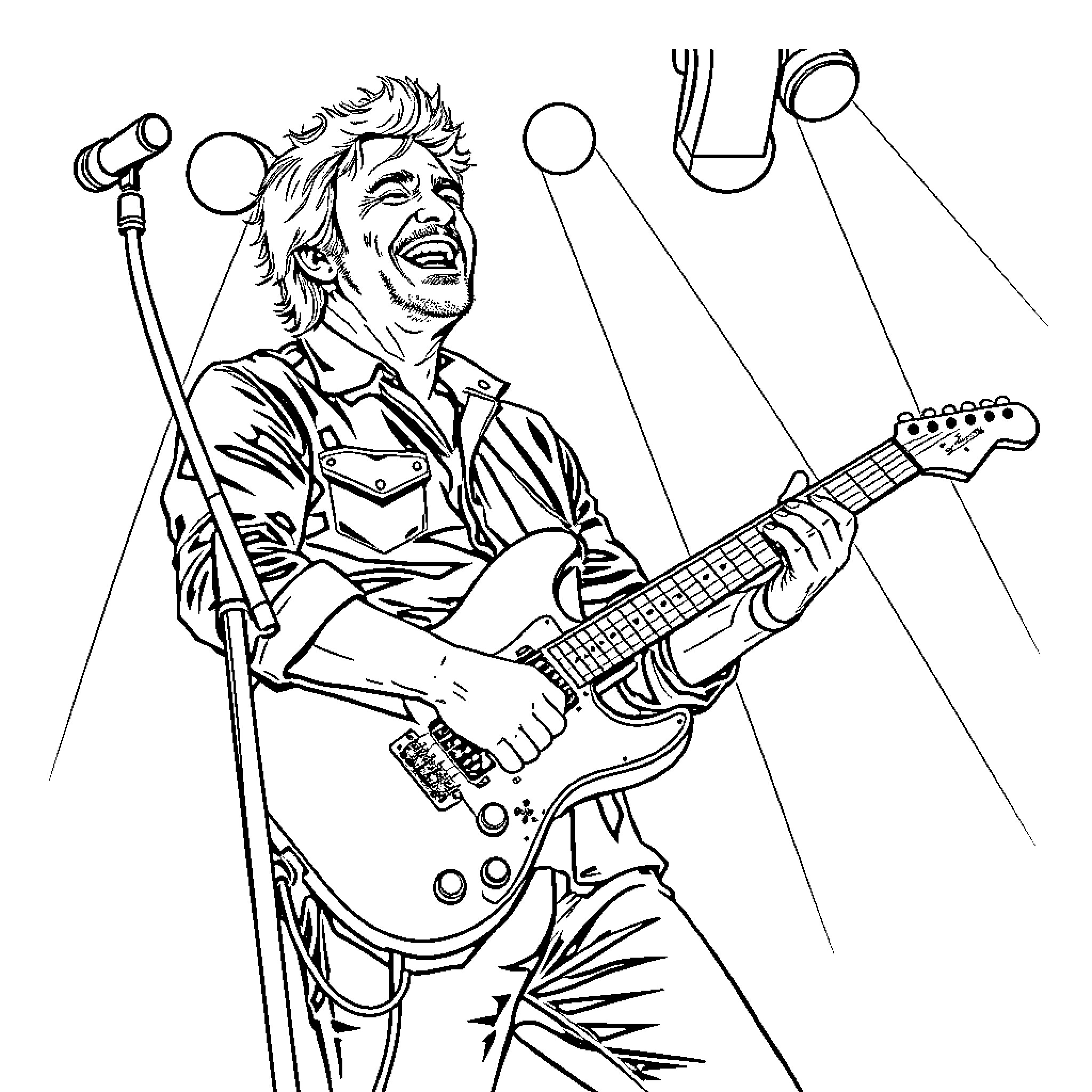 Guitar player rocking out on stage Coloring Page (free black-and-white line drawing printable PDF for all, from beginners to advanced learners, including children, teens, adults, and seniors)