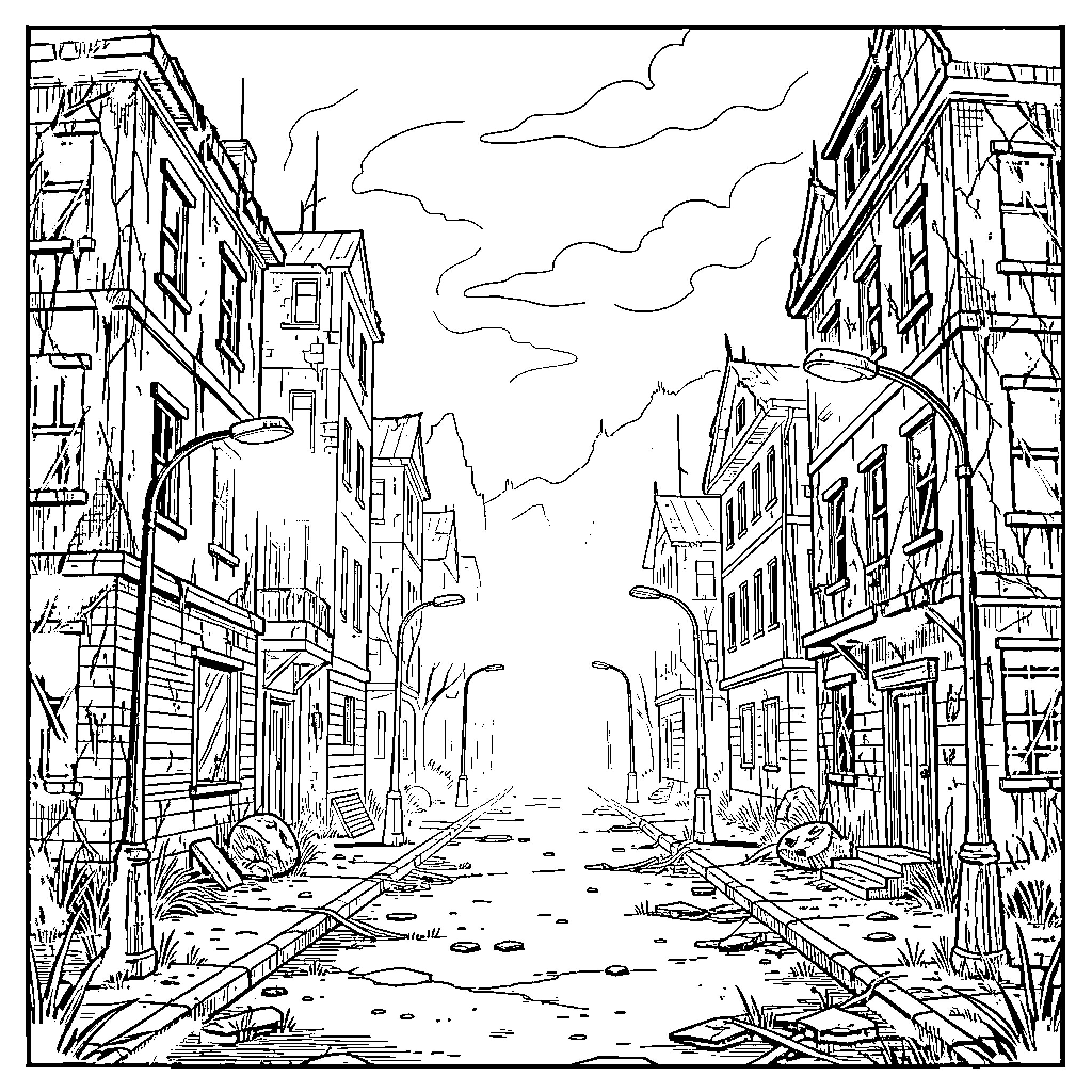 Silent Hill: Abandoned and Desolate Urban Landscape Coloring Page (free black-and-white line drawing printable PDF for all, from beginners to advanced learners, including children, teens, adults, and seniors)