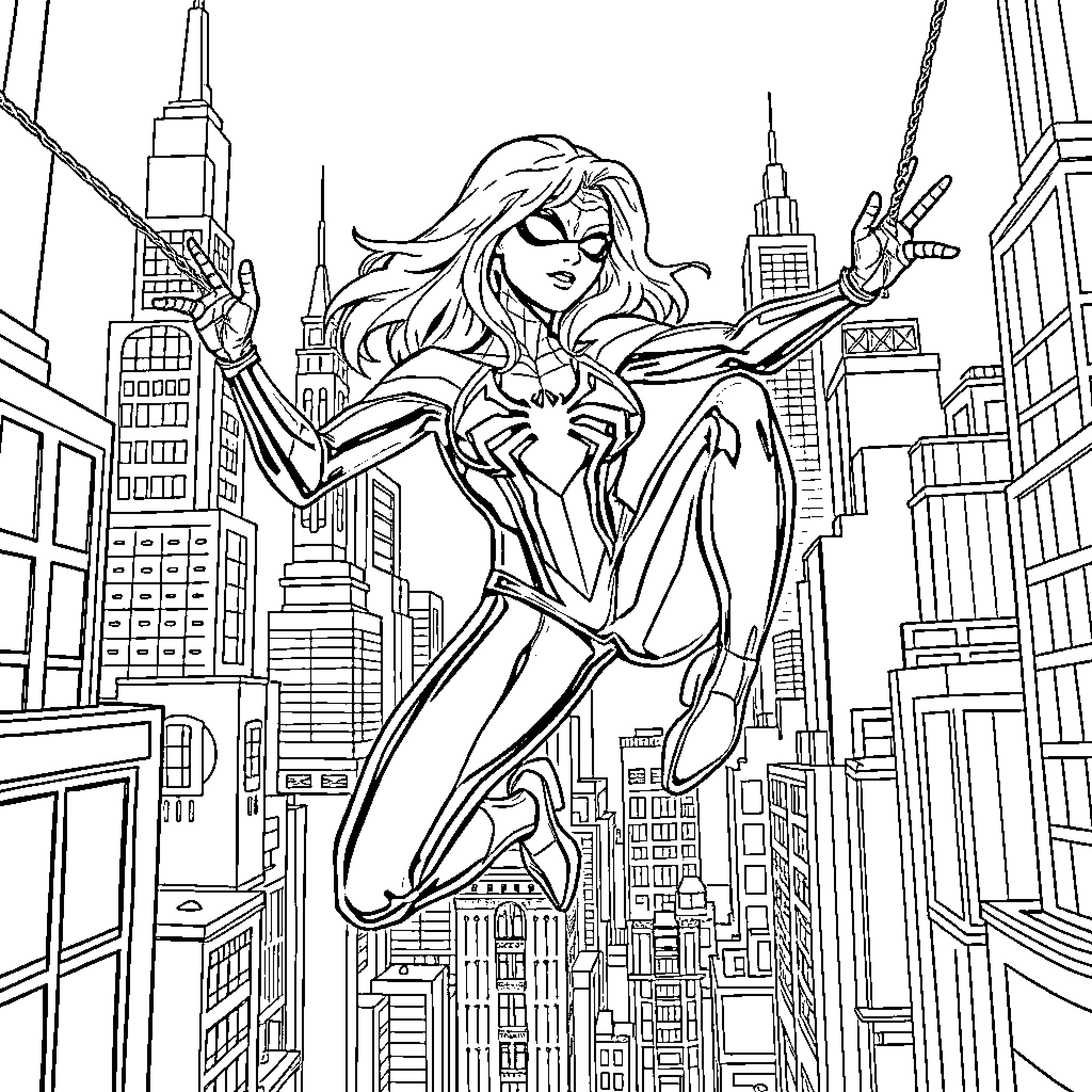 Spider Woman swinging through the city skyline Coloring Page (free black-and-white line drawing printable PDF for all, from beginners to advanced learners, including children, teens, adults, and seniors)