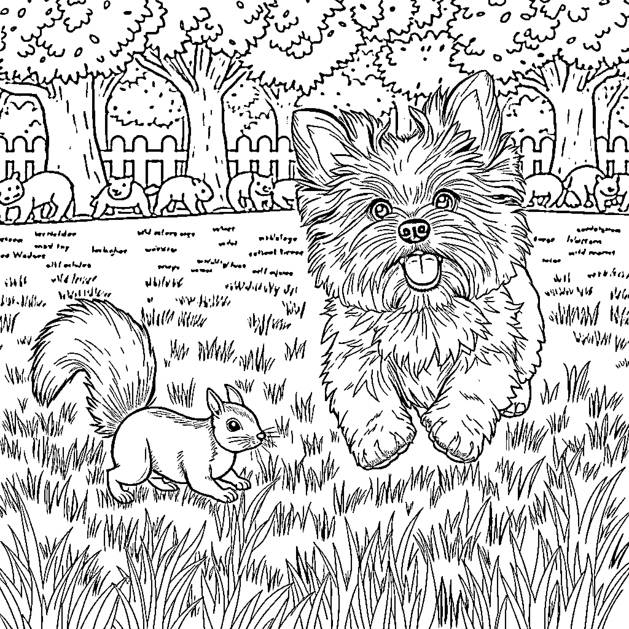 Yorkie playing with a rabbit in a grassy garden Coloring Page (free black-and-white line drawing printable PDF for all, from beginners to advanced learners, including children, teens, adults, and seniors)