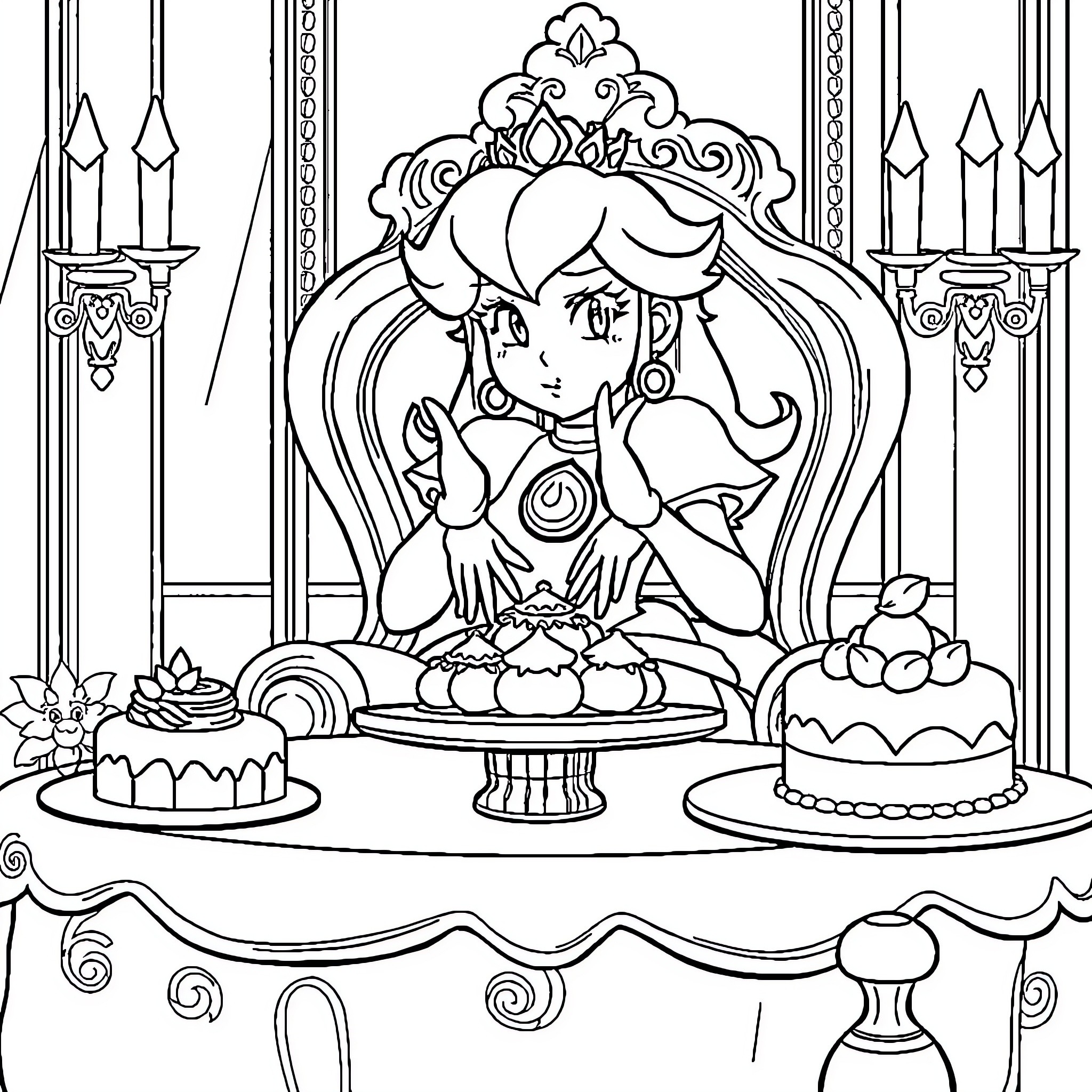 Princess enjoying palace desserts and pastries Coloring Page (free black-and-white line drawing printable PDF for all, from beginners to advanced learners, including children, teens, adults, and seniors)