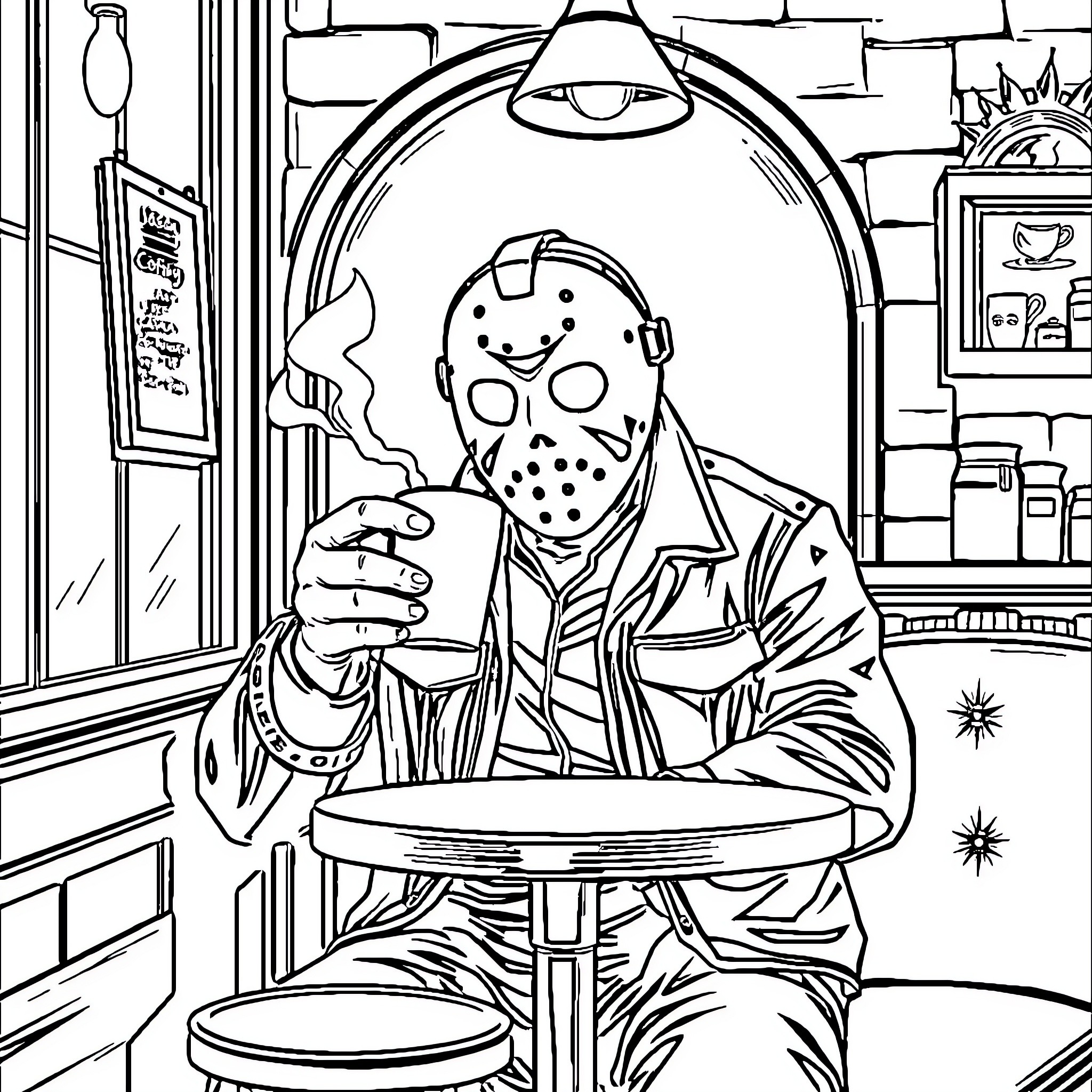 Jason Voorhees enjoying a hot beverage in a diner Coloring Page (free black-and-white line drawing printable PDF for all, from beginners to advanced learners, including children, teens, adults, and seniors)