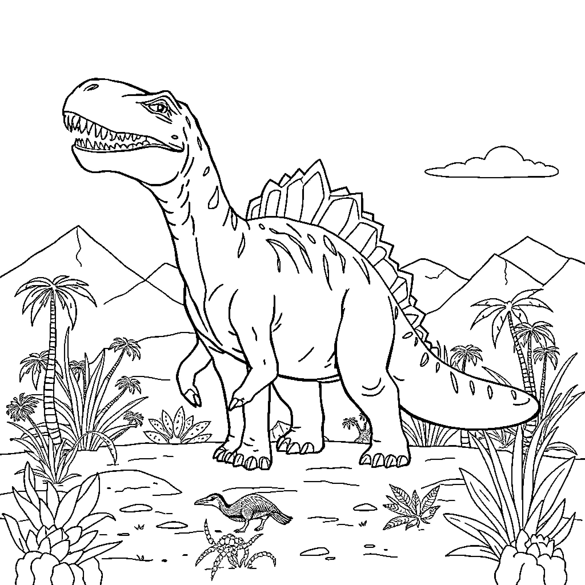 Dinosaur roaming prehistoric landscape Coloring Page (free black-and-white line drawing printable PDF for all, from beginners to advanced learners, including children, teens, adults, and seniors)