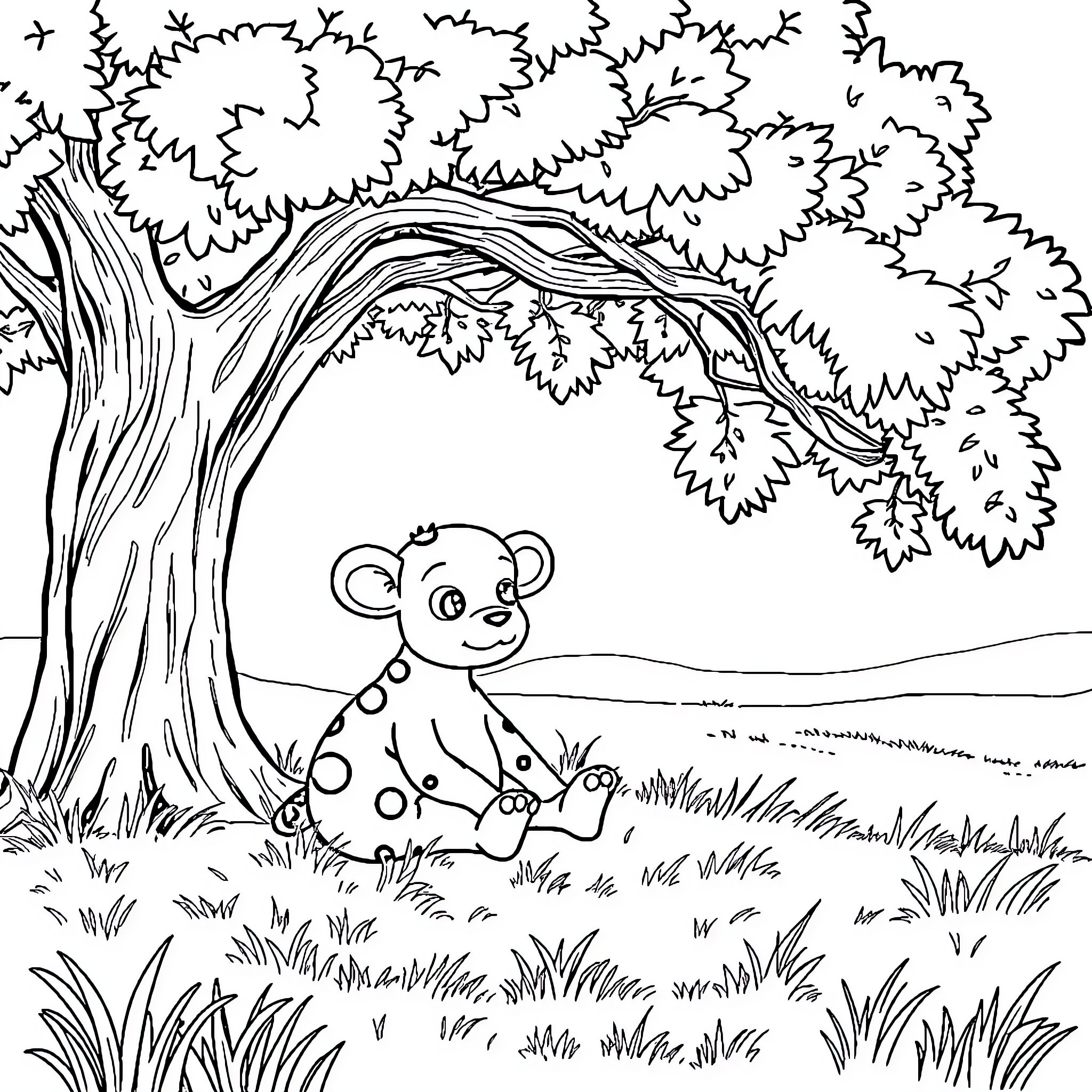Buba's Playful Encounter in the Enchanting Forest Coloring Page (free black-and-white line drawing printable PDF for all, from beginners to advanced learners, including children, teens, adults, and seniors)
