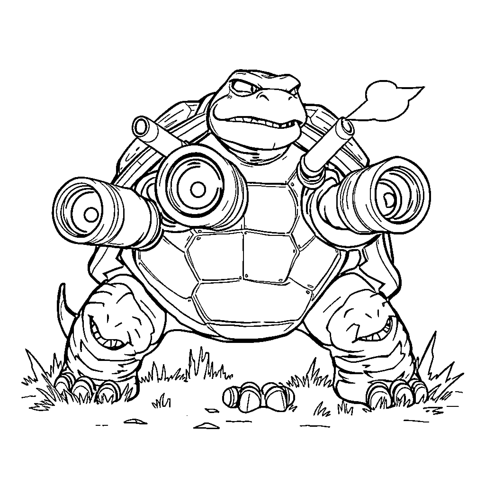 Blastoise preparing to fire water cannons Coloring Page (free black-and-white line drawing printable PDF for all, from beginners to advanced learners, including children, teens, adults, and seniors)