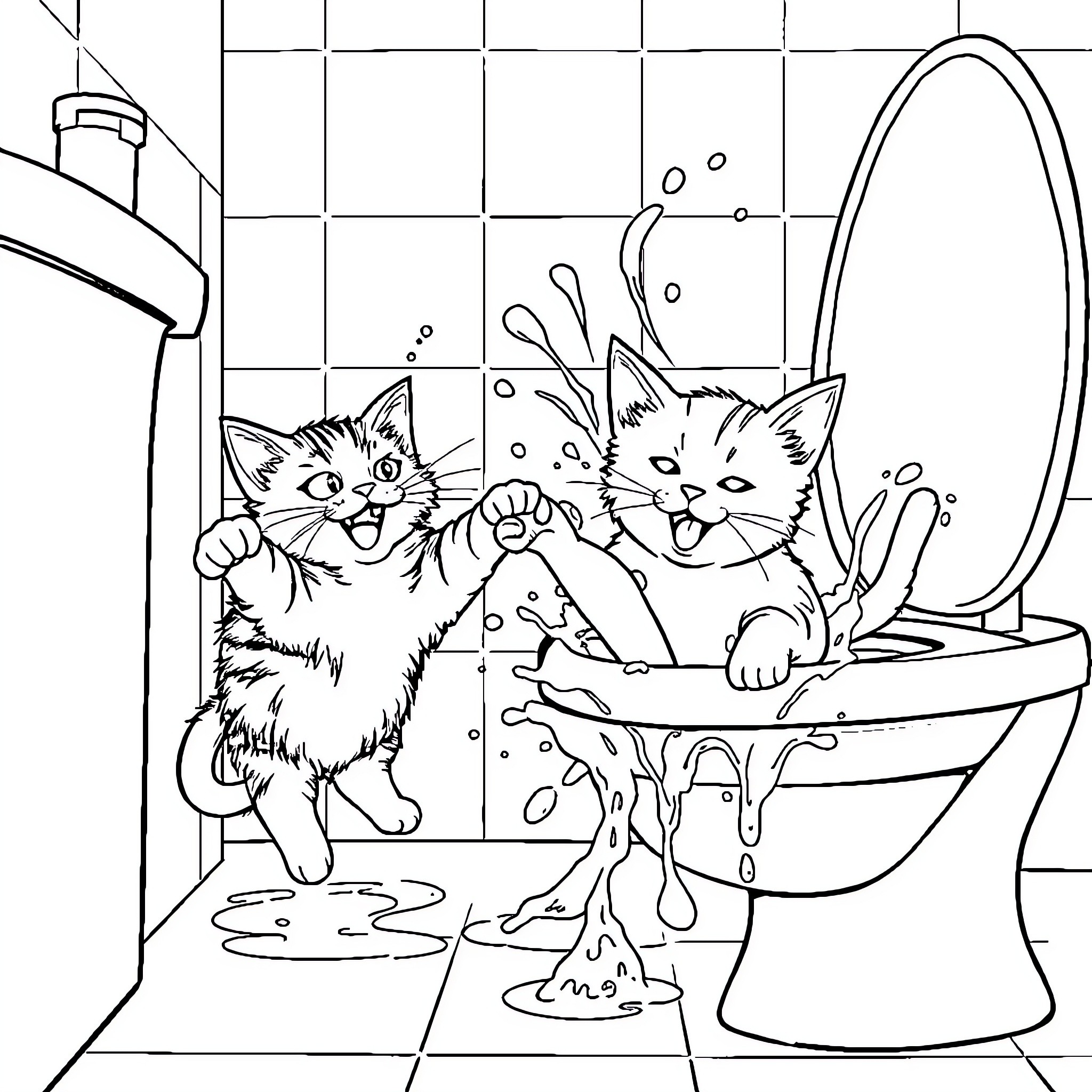 Cats Playing in Bathroom Coloring Page (free black-and-white line drawing printable PDF for all, from beginners to advanced learners, including children, teens, adults, and seniors)
