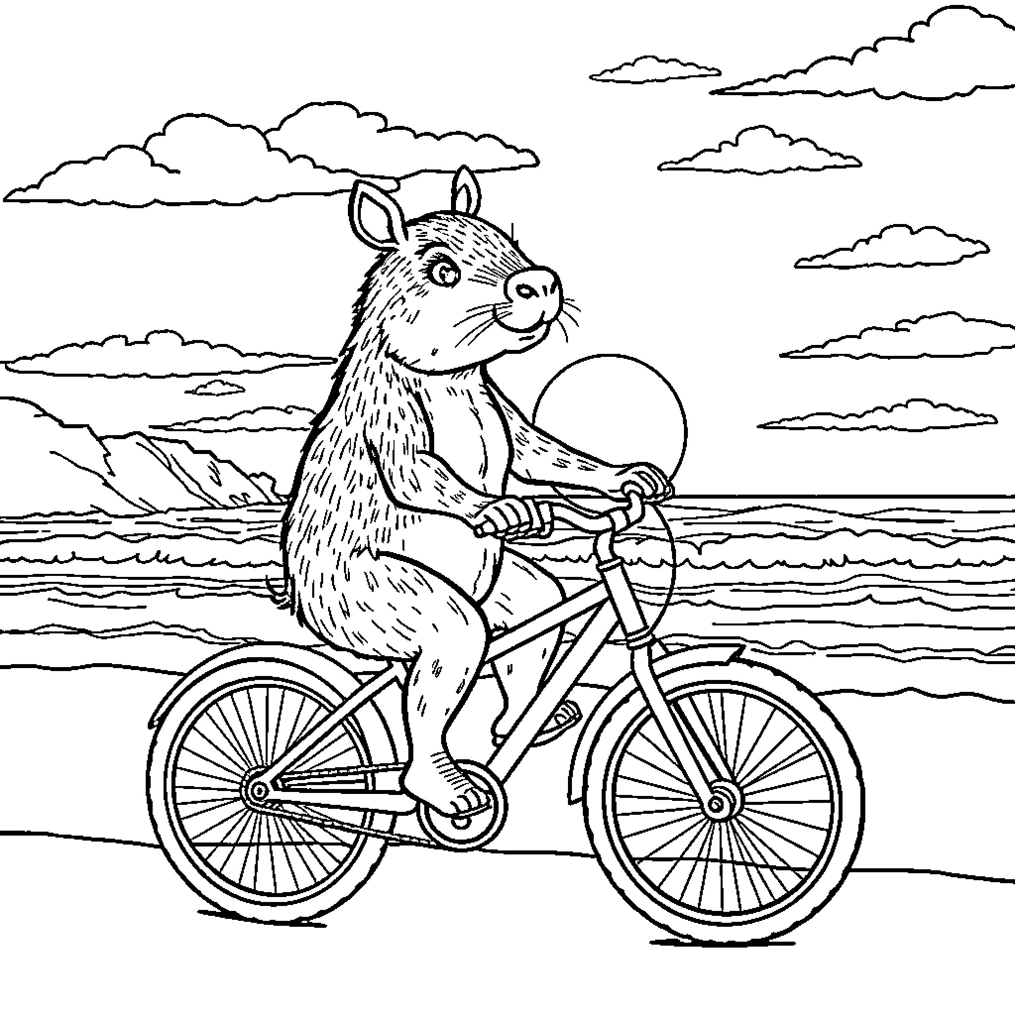 Capybara riding a bicycle by the ocean Coloring Page (free black-and-white line drawing printable PDF for all, from beginners to advanced learners, including children, teens, adults, and seniors)