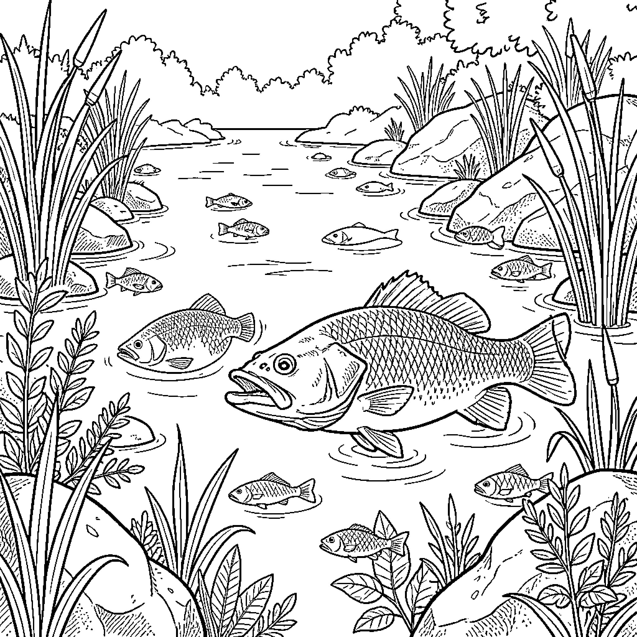 Crappie swimming among aquatic plants in a lake Coloring Page (free black-and-white line drawing printable PDF for all, from beginners to advanced learners, including children, teens, adults, and seniors)