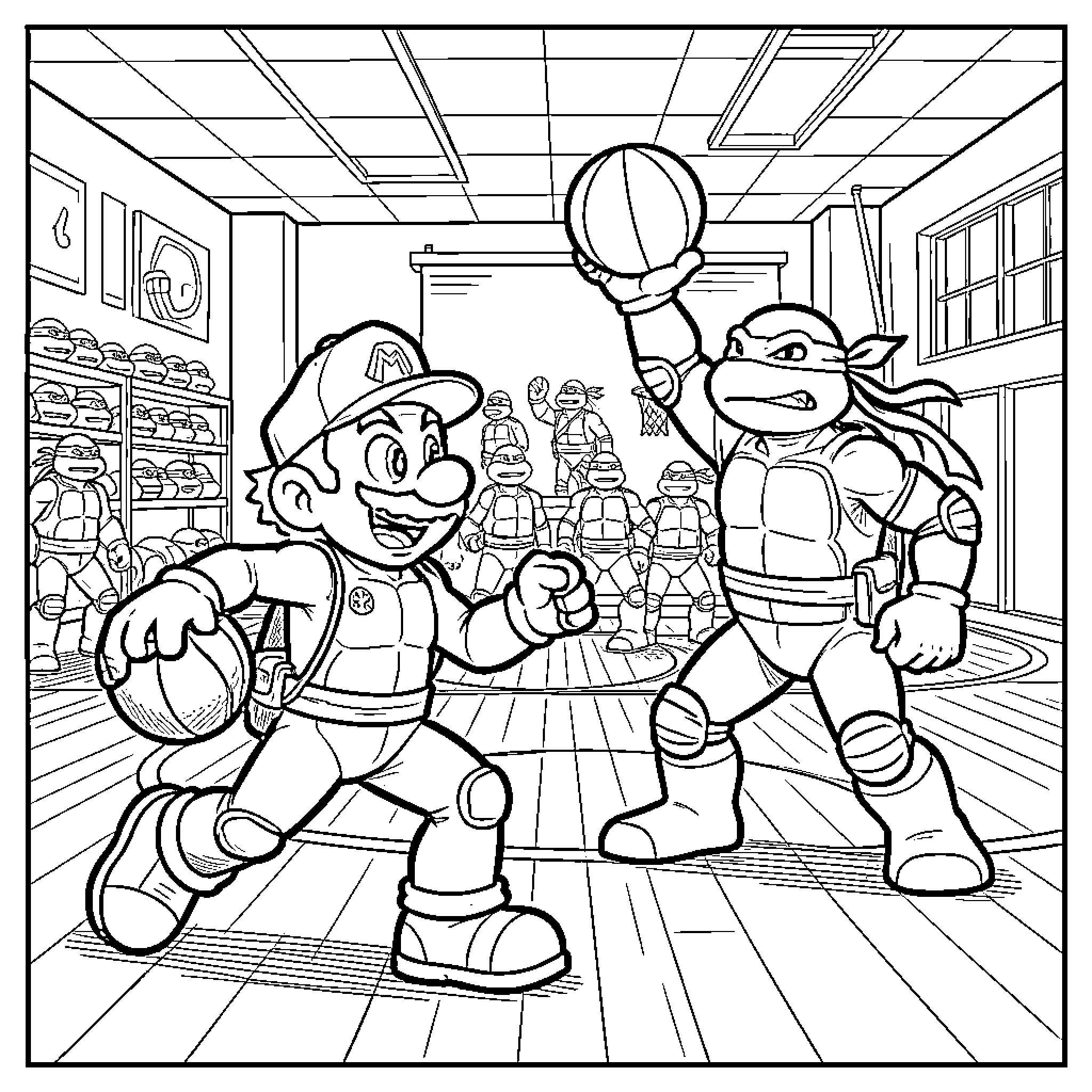 Super Mario and Ninja Turtles Adventure in the Convenience Store Coloring Page (free black-and-white line drawing printable PDF for all, from beginners to advanced learners, including children, teens, adults, and seniors)