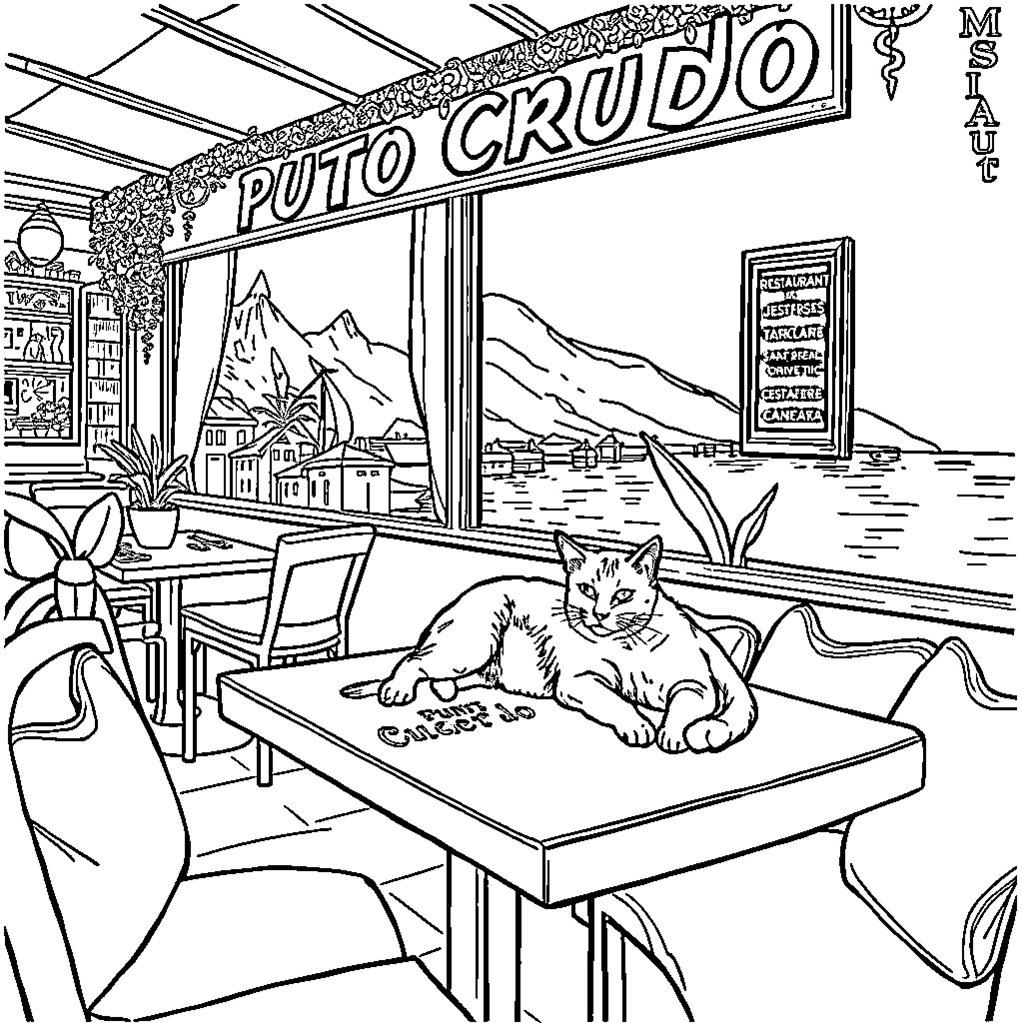 Cat relaxing in a cozy cafe with mountain landscape Coloring Page (free black-and-white line drawing printable PDF for all, from beginners to advanced learners, including children, teens, adults, and seniors)
