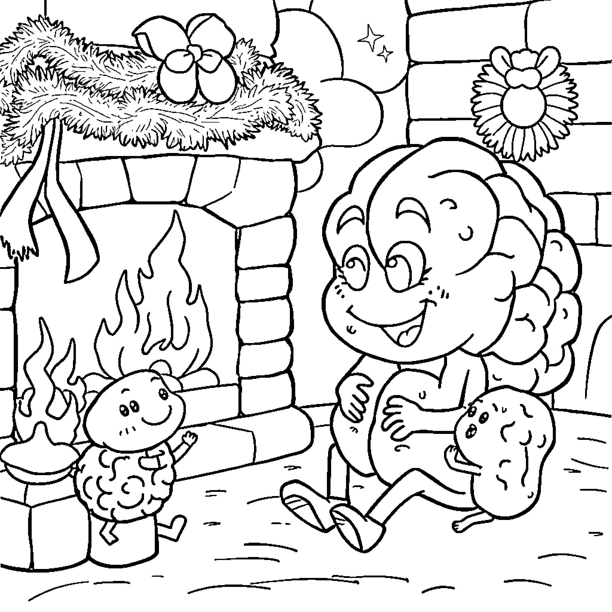 Brain playing with fuzzy creatures near fireplace Coloring Page (free black-and-white line drawing printable PDF for all, from beginners to advanced learners, including children, teens, adults, and seniors)