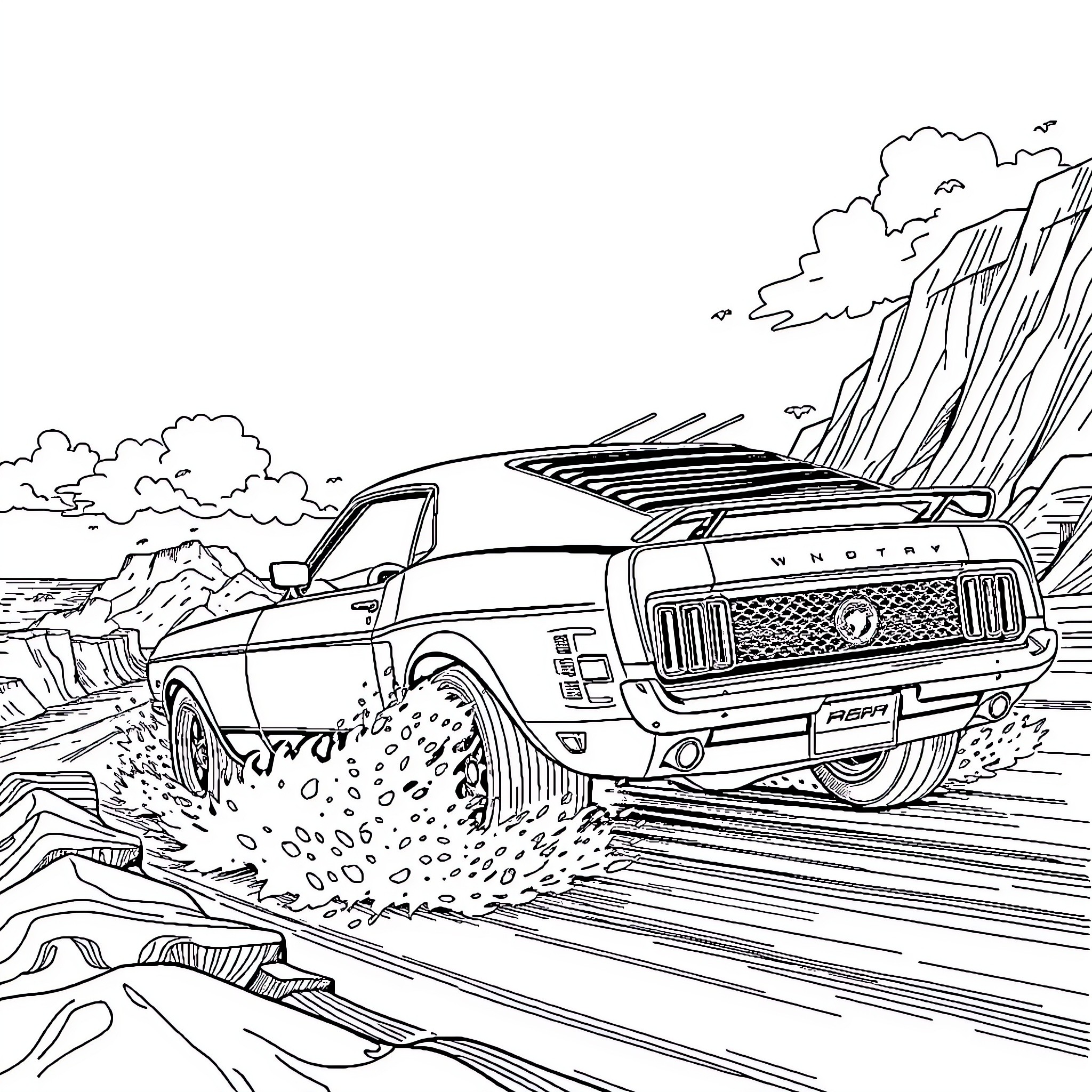 Mustang off-road adventure through rugged terrain Coloring Page (free black-and-white line drawing printable PDF for all, from beginners to advanced learners, including children, teens, adults, and seniors)