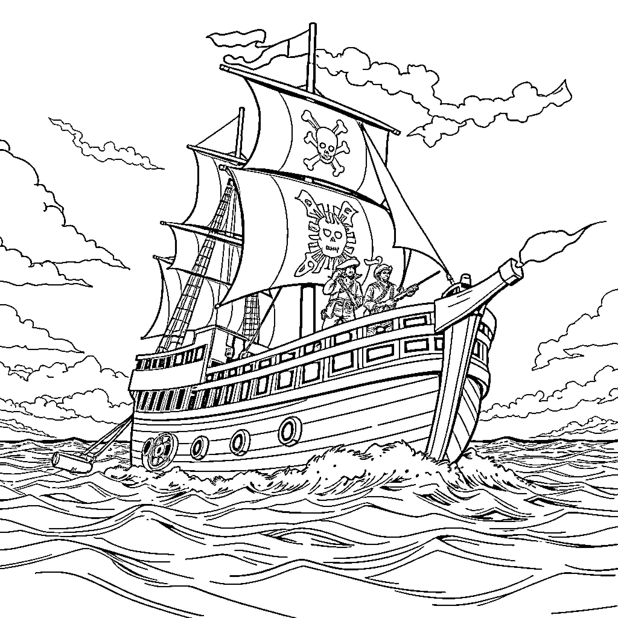 Piratenschiff sailing on stormy seas Coloring Page (free black-and-white line drawing printable PDF for all, from beginners to advanced learners, including children, teens, adults, and seniors)