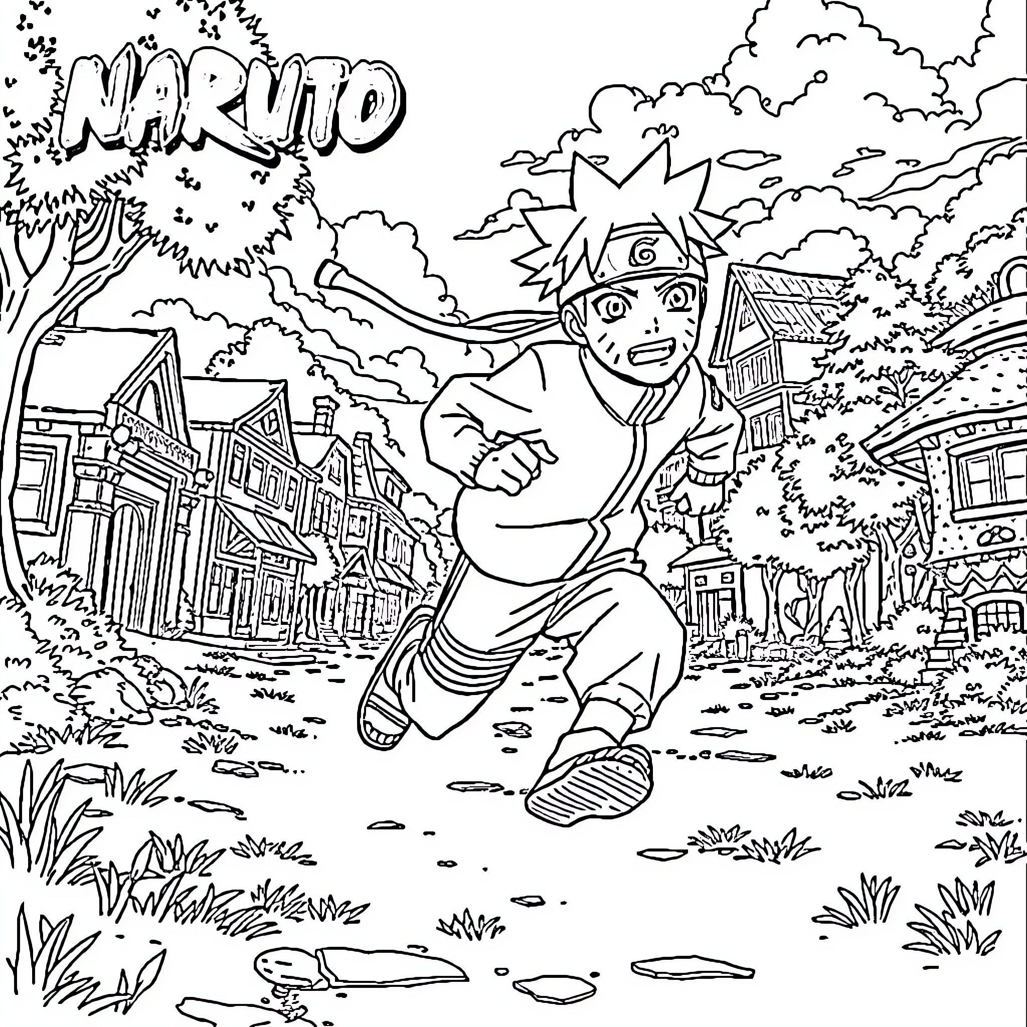 Naruto running through the village landscape Coloring Page (free black-and-white line drawing printable PDF for all, from beginners to advanced learners, including children, teens, adults, and seniors)