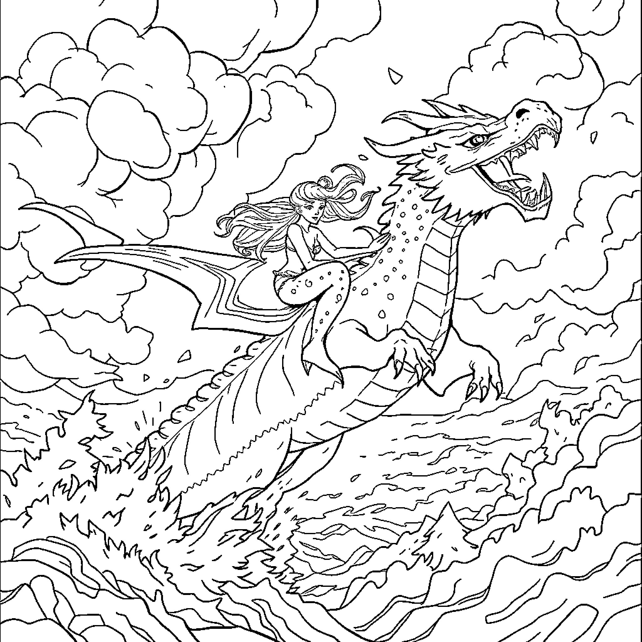 Mermaid riding a mythical dragon through stormy skies Coloring Page (free black-and-white line drawing printable PDF for all, from beginners to advanced learners, including children, teens, adults, and seniors)