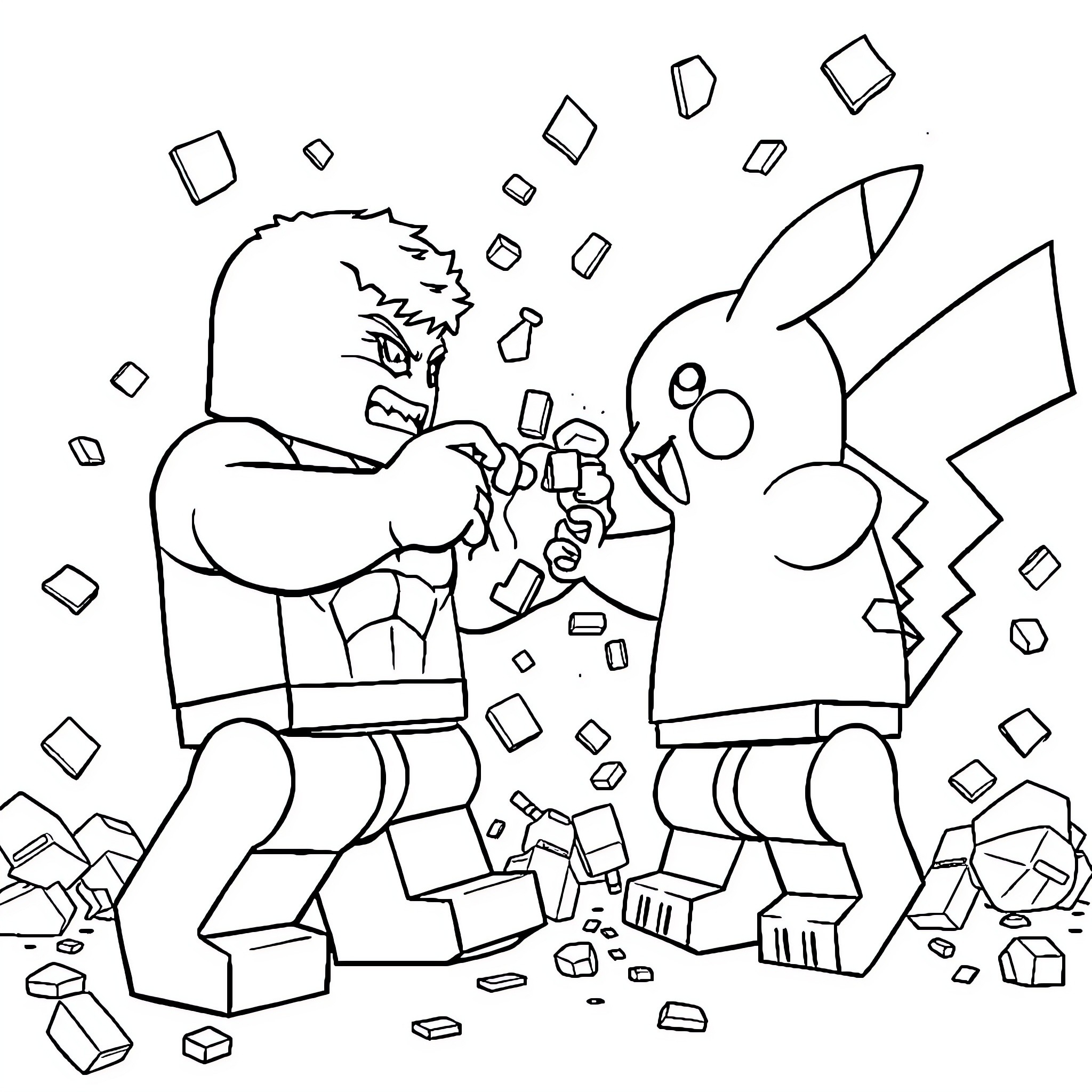 LEGO Minifigure battle with Pikachu Coloring Page (free black-and-white line drawing printable PDF for all, from beginners to advanced learners, including children, teens, adults, and seniors)