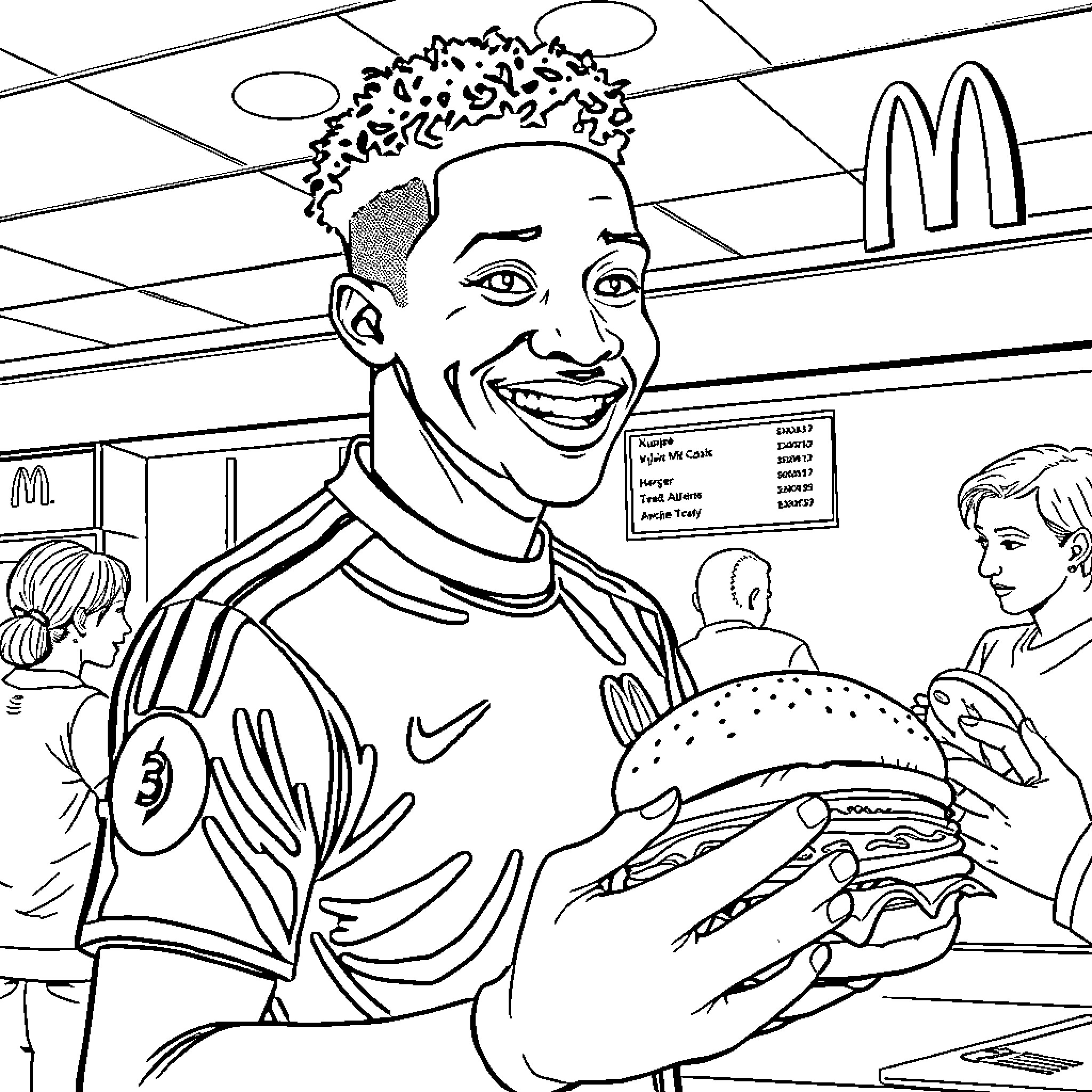 Kylian Mbappe enjoys a quick meal at a fast-food restaurant Coloring Page (free black-and-white line drawing printable PDF for all, from beginners to advanced learners, including children, teens, adults, and seniors)
