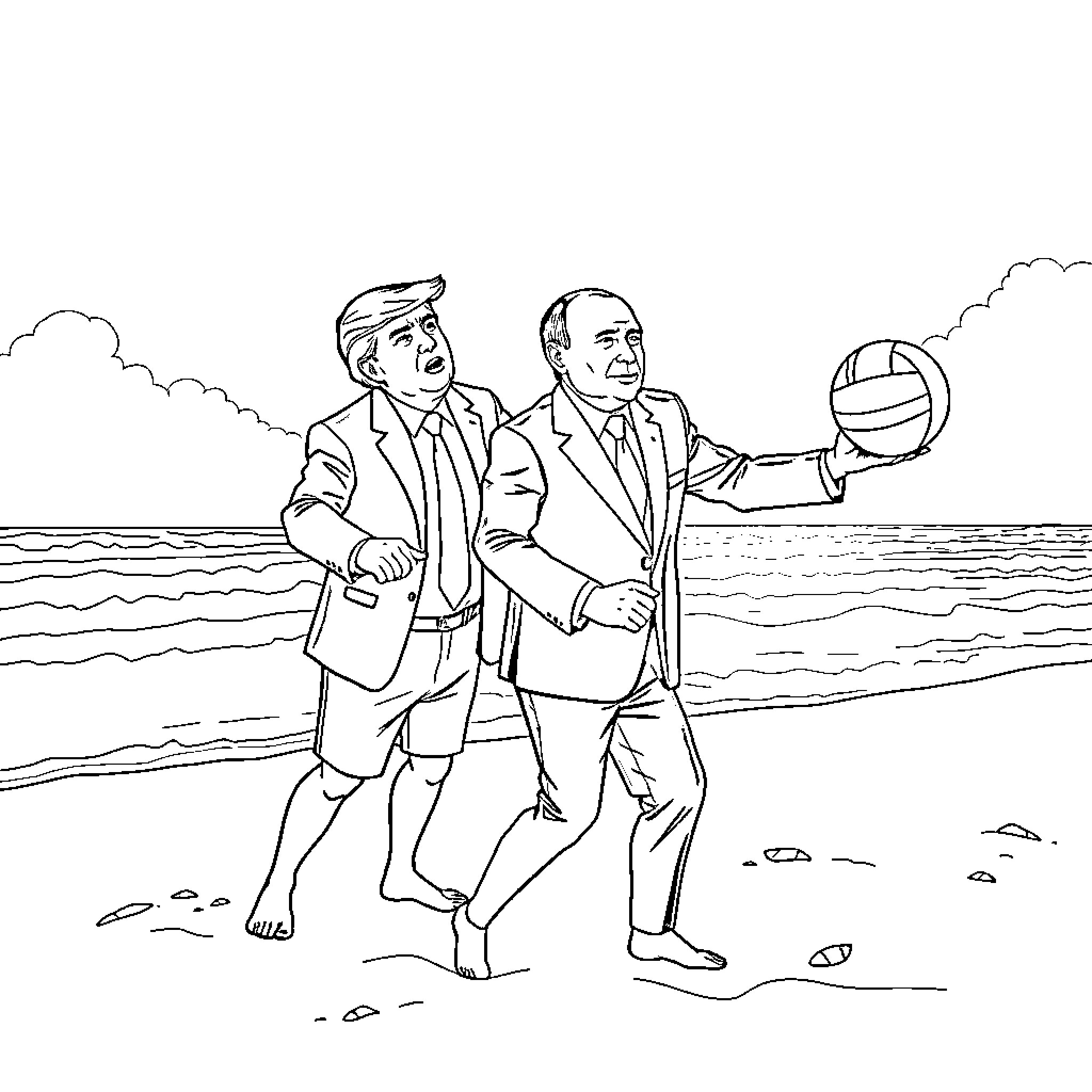 Trump playing volleyball with politician on beach Coloring Page (free black-and-white line drawing printable PDF for all, from beginners to advanced learners, including children, teens, adults, and seniors)